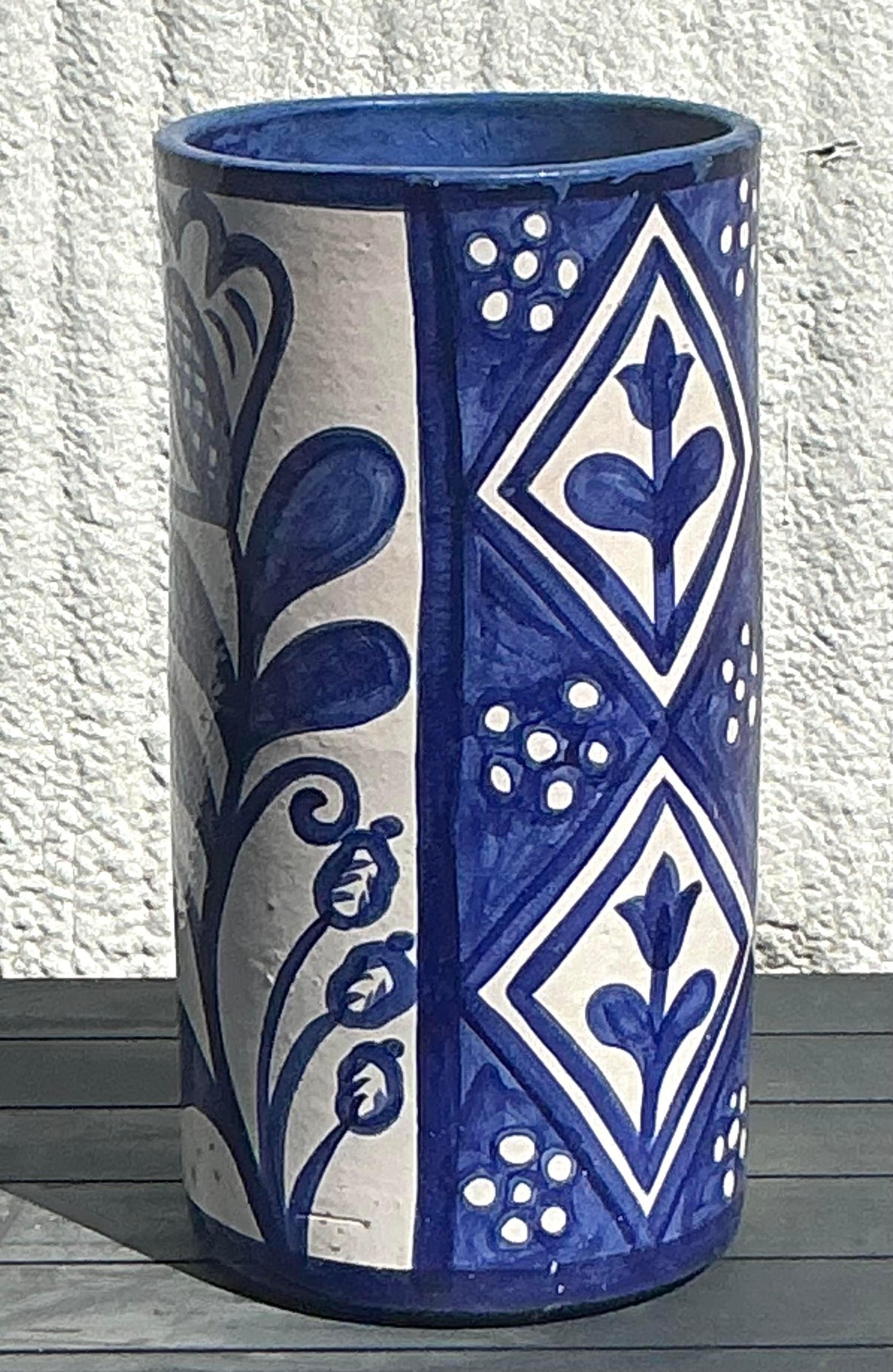 American Vintage Boho Hand Painted Umbrella Stand For Sale