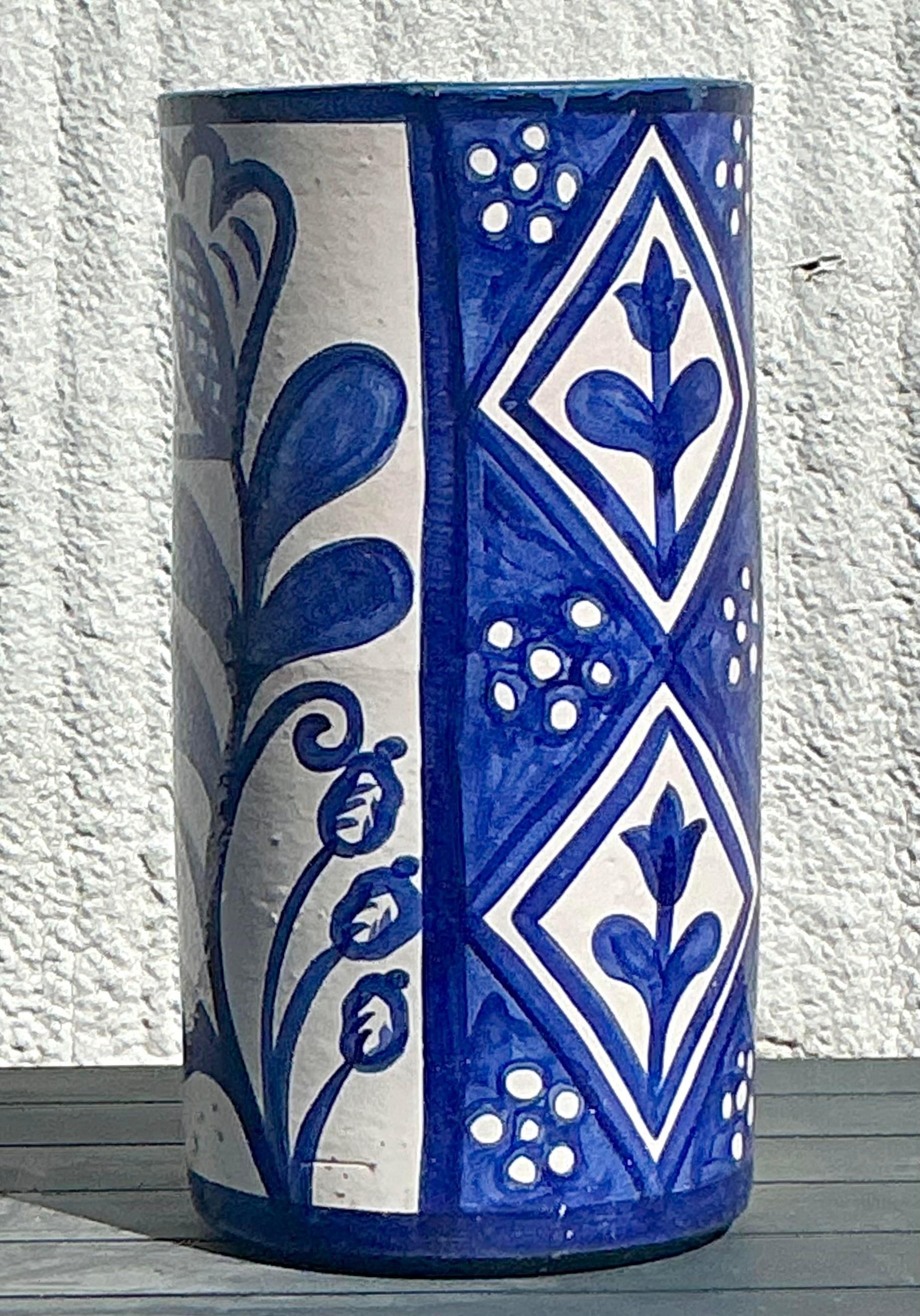 20th Century Vintage Boho Hand Painted Umbrella Stand For Sale