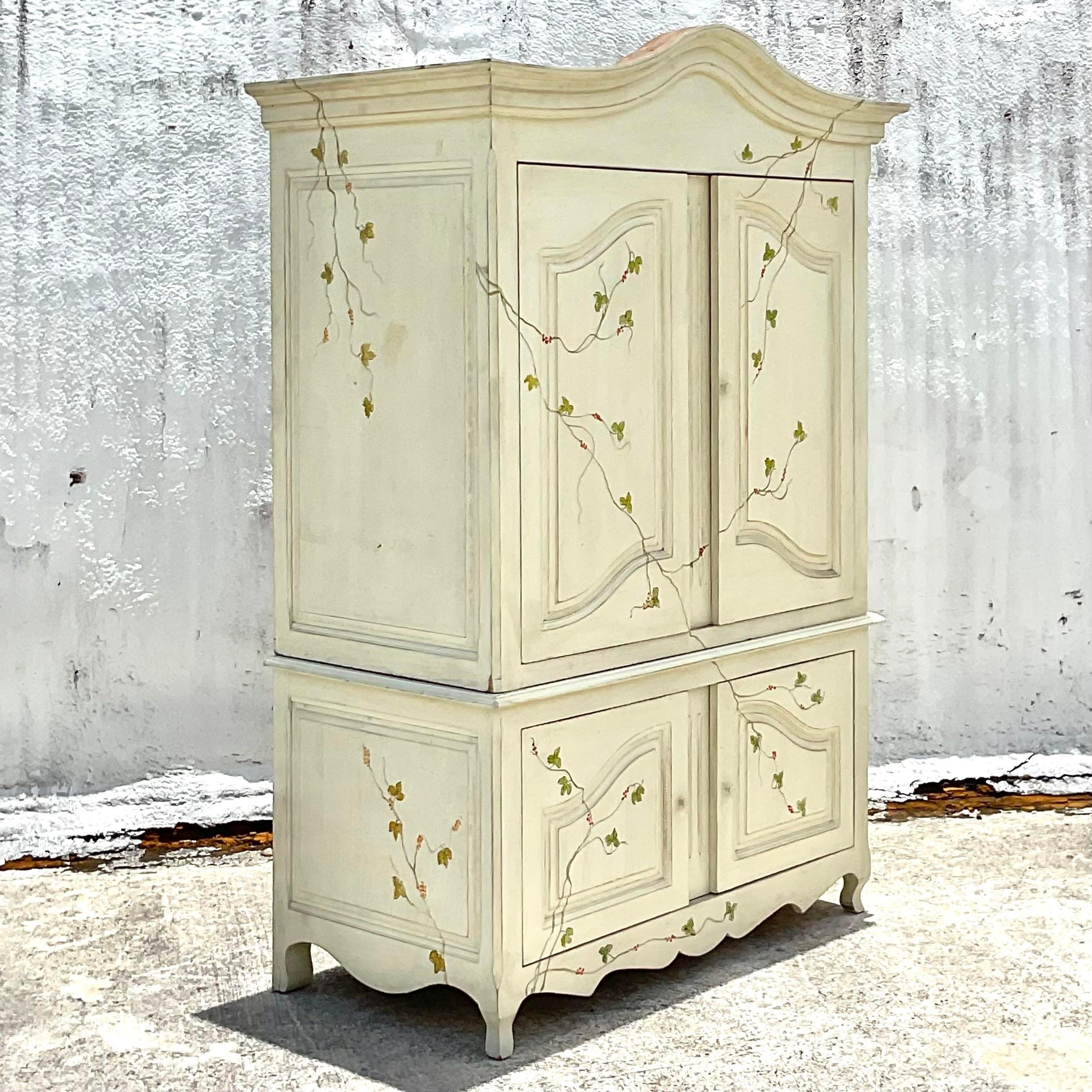 North American Vintage Boho Hand-Painted Vine Print Armoire For Sale