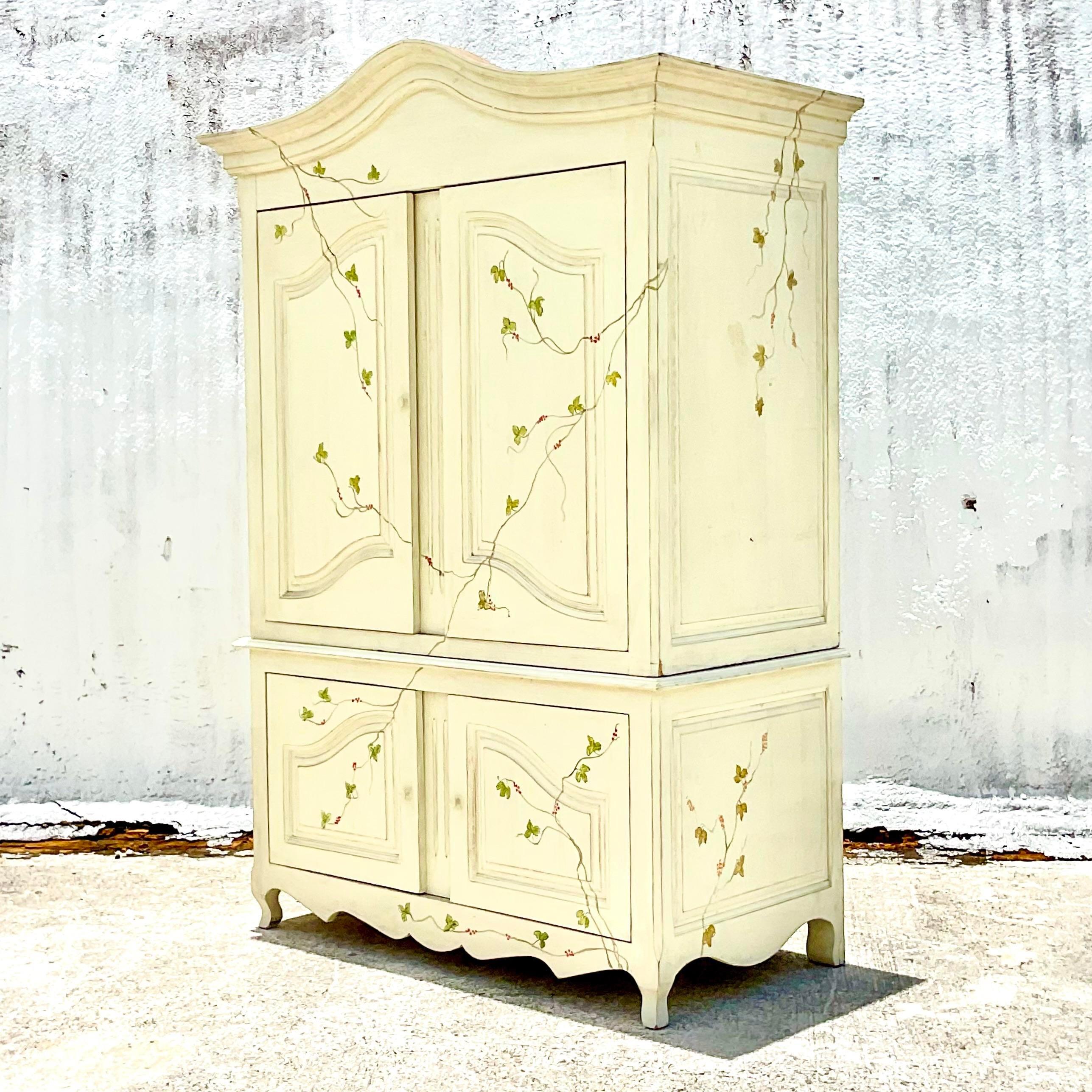 Vintage Boho Hand-Painted Vine Print Armoire In Good Condition For Sale In west palm beach, FL