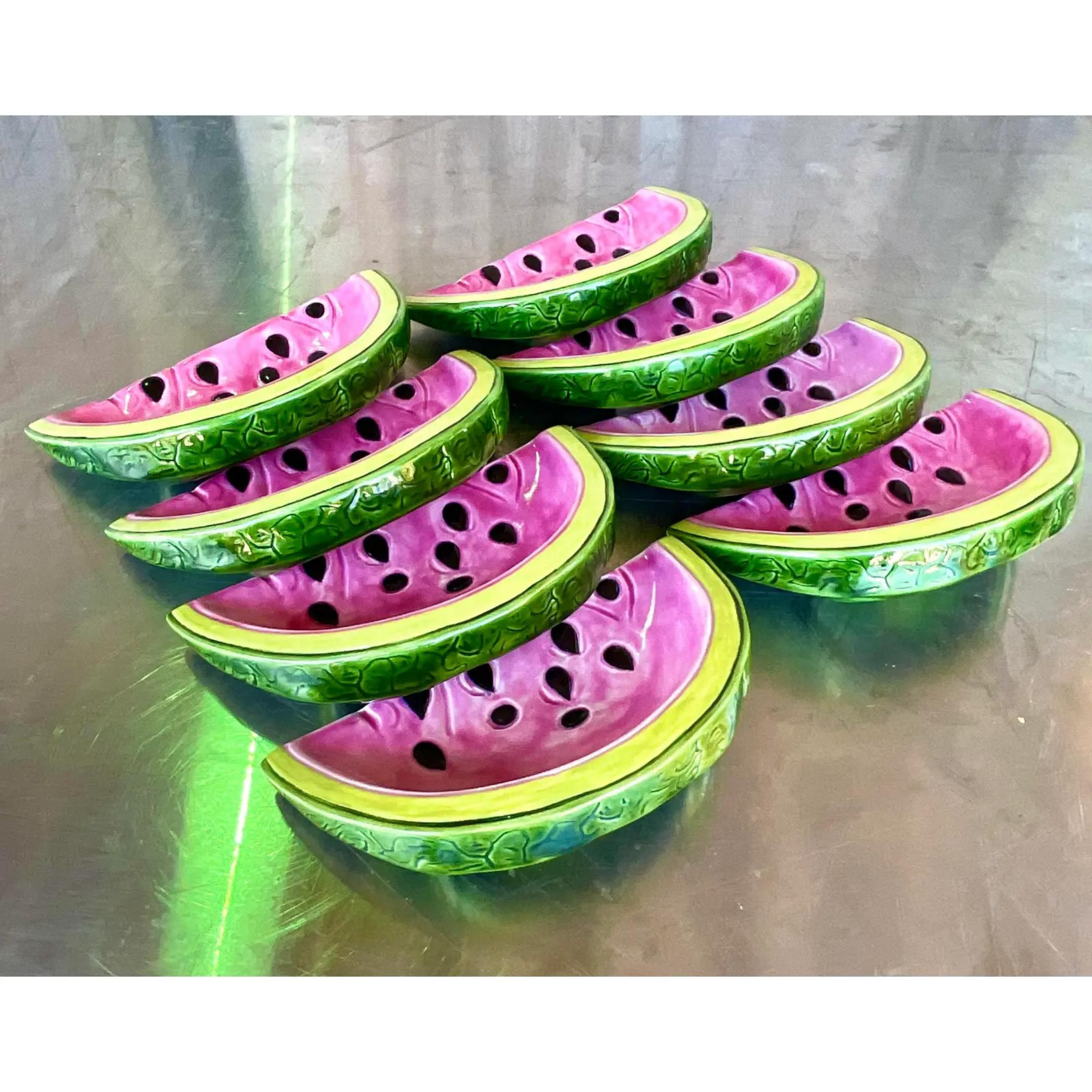 20th Century Vintage Boho Hand Painted Watermelon Luncheon Plates - Set of 8 For Sale