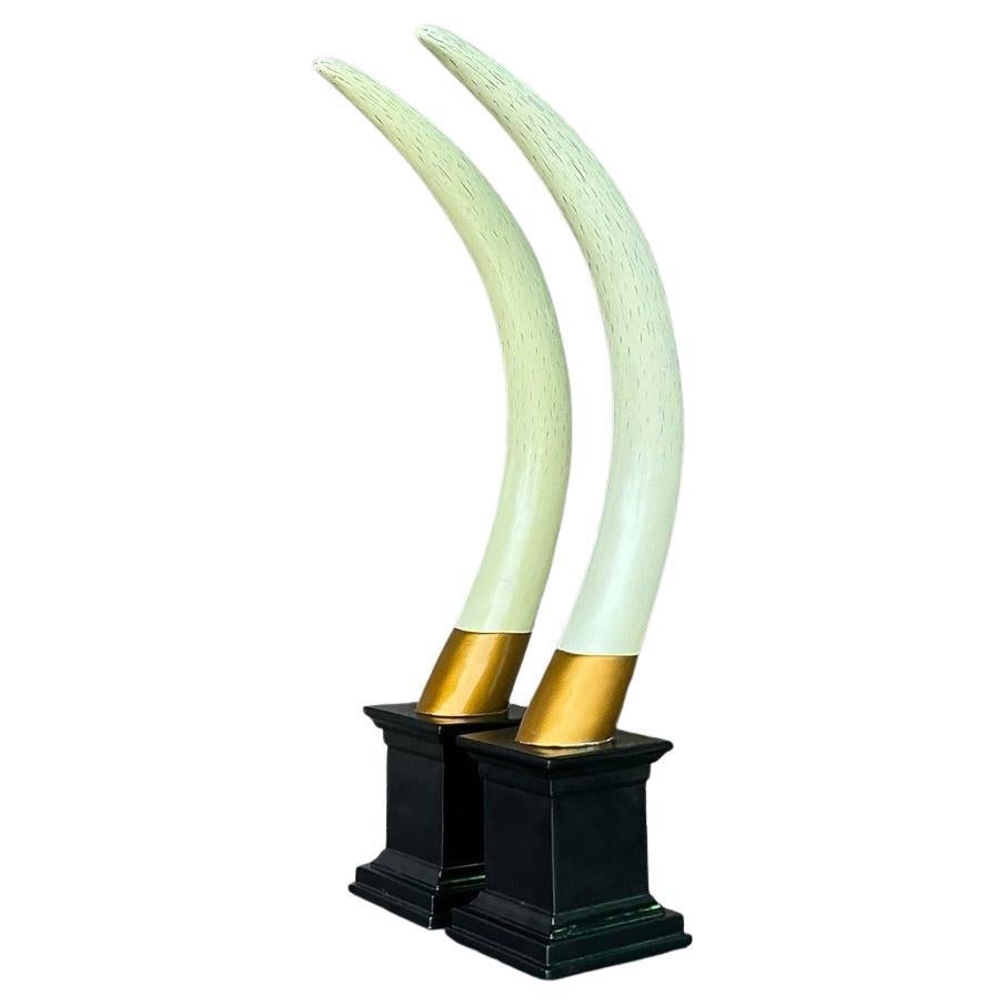 Vintage Boho Hand Painted Wooden Faux Tusks - a Pair