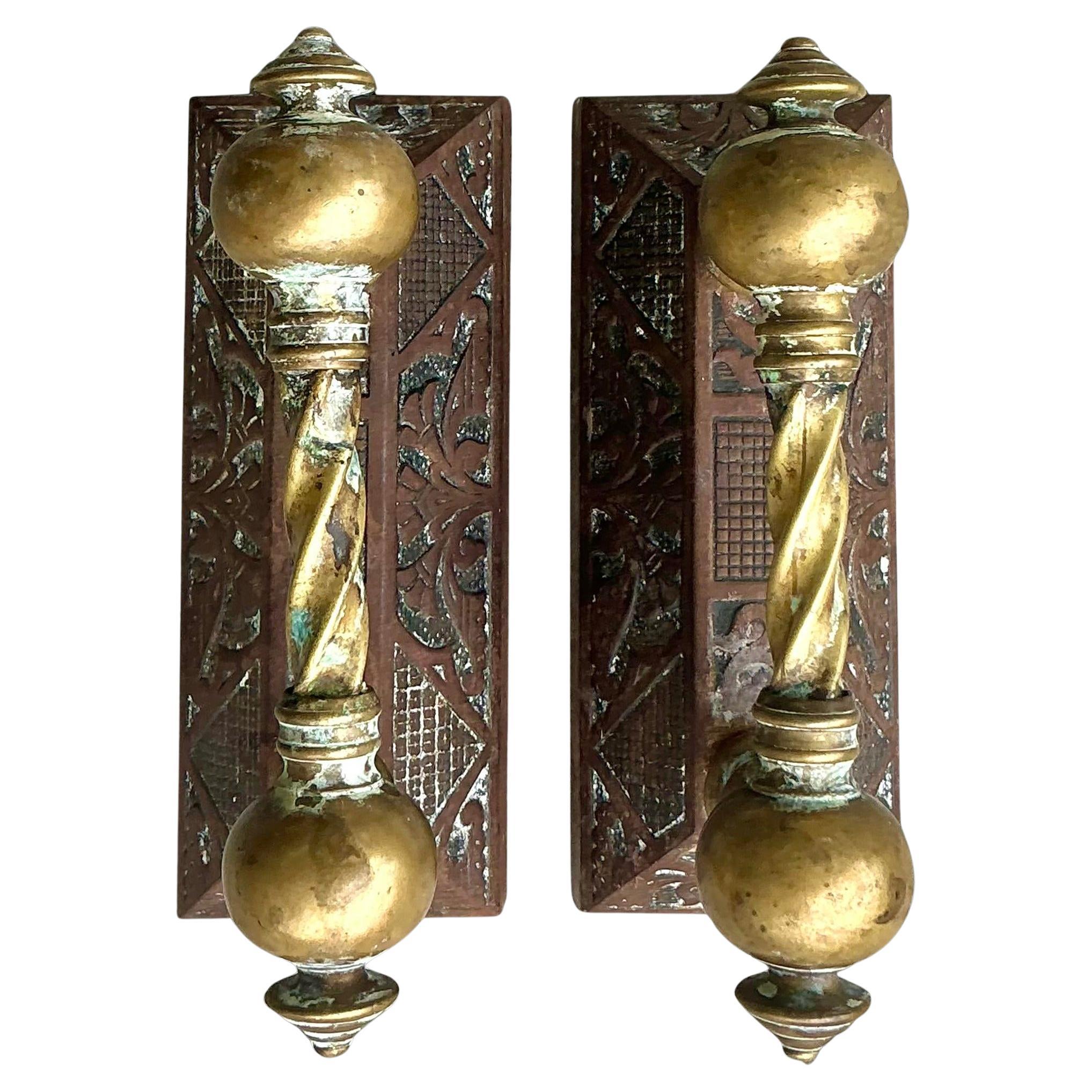 Tiradores de puerta vintage boho de latón labrado a mano - Juego de 2
