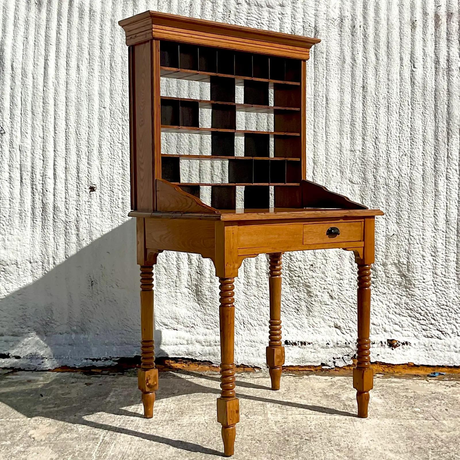 North American Vintage Boho Hand Turned PostMaster’s Desk For Sale