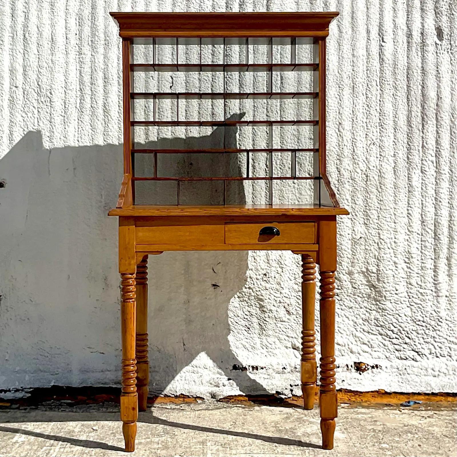 Vintage Boho Hand Turned PostMaster’s Desk In Good Condition For Sale In west palm beach, FL