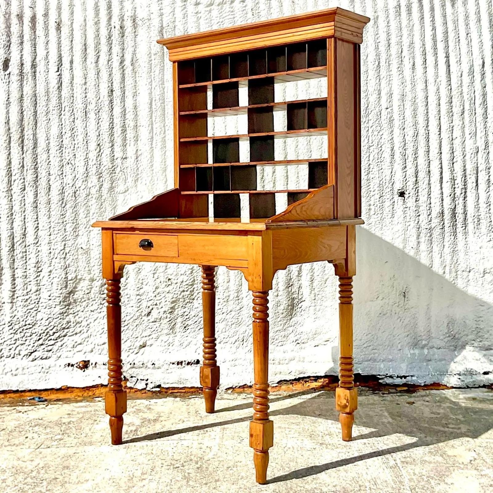 Wood Vintage Boho Hand Turned PostMaster’s Desk For Sale