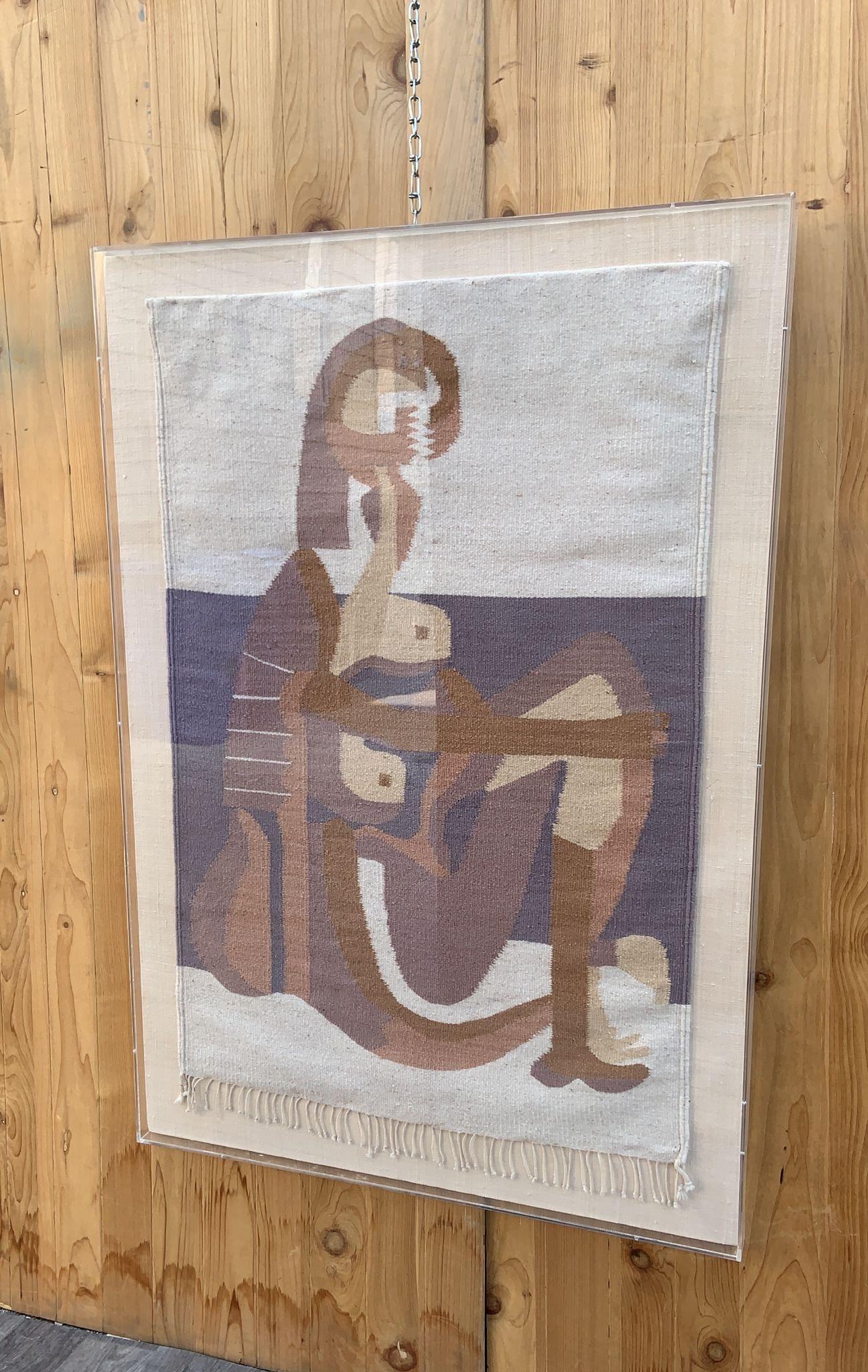 Vintage Boho Hand gewebt Picassos Seated Bather Wandbehang Wandteppich in Acryl (Böhmisch) im Angebot