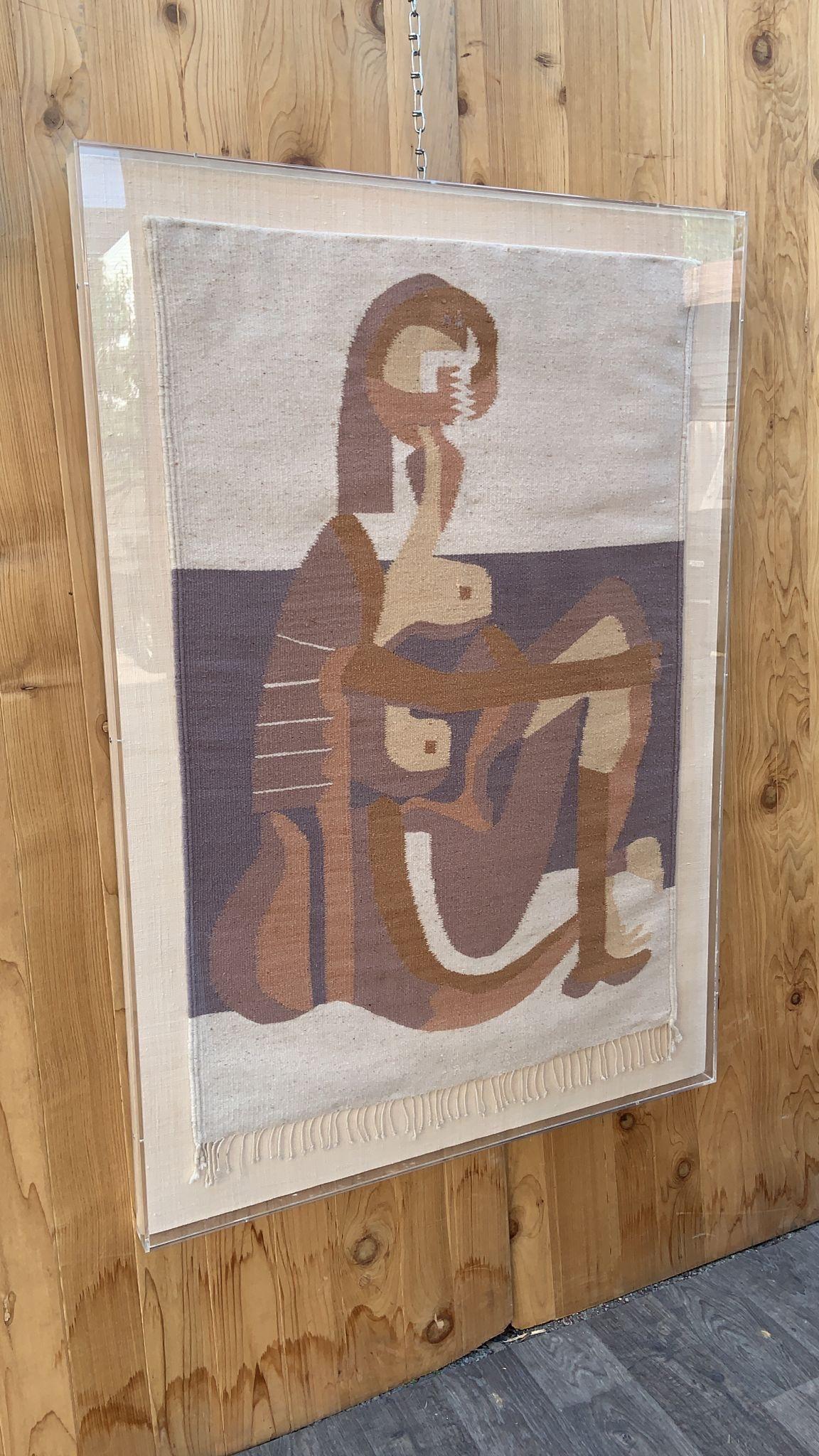 Vintage Boho Hand gewebt Picassos Seated Bather Wandbehang Wandteppich in Acryl (amerikanisch) im Angebot