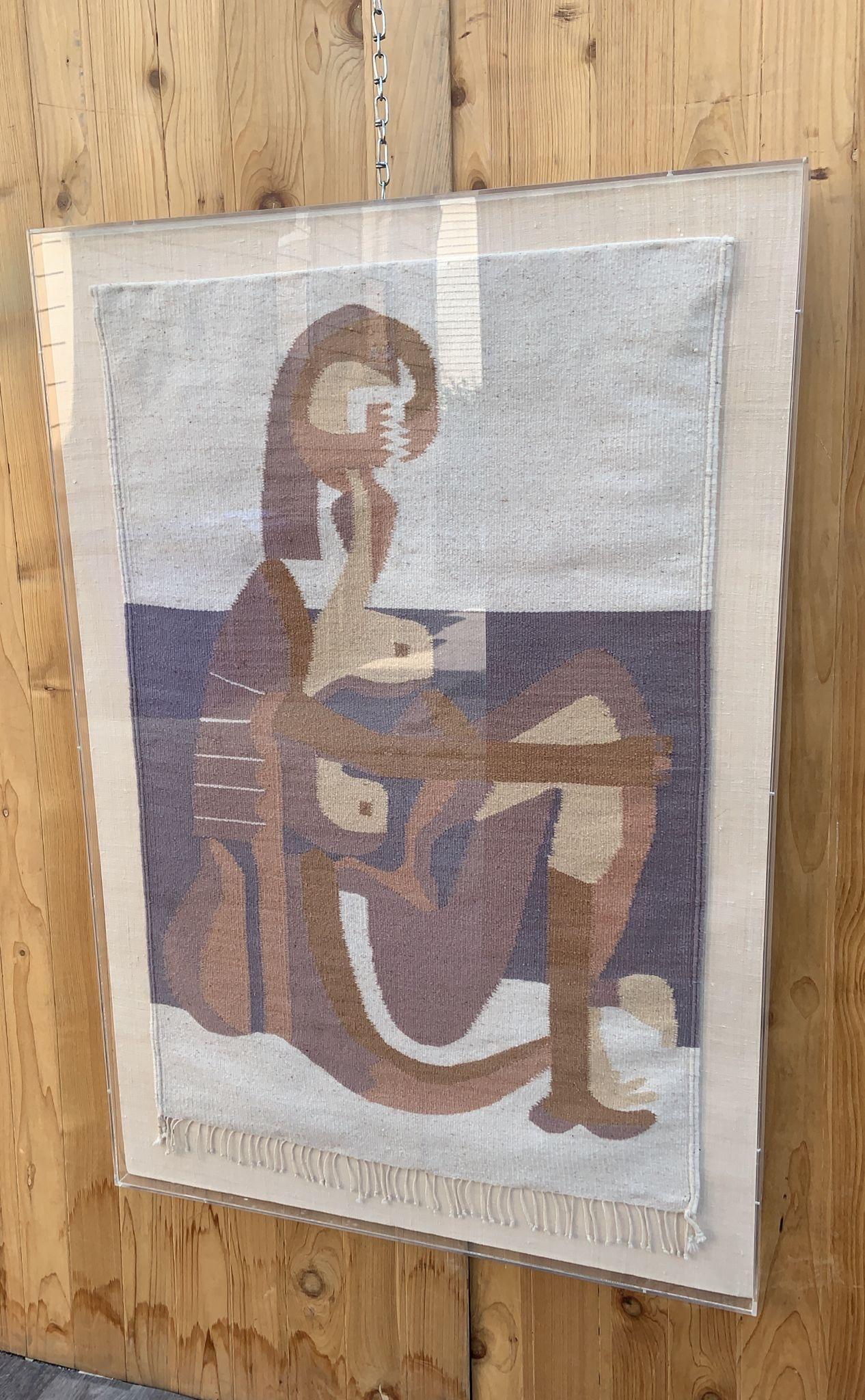 Vintage Boho Hand gewebt Picassos Seated Bather Wandbehang Wandteppich in Acryl (Handgewebt) im Angebot