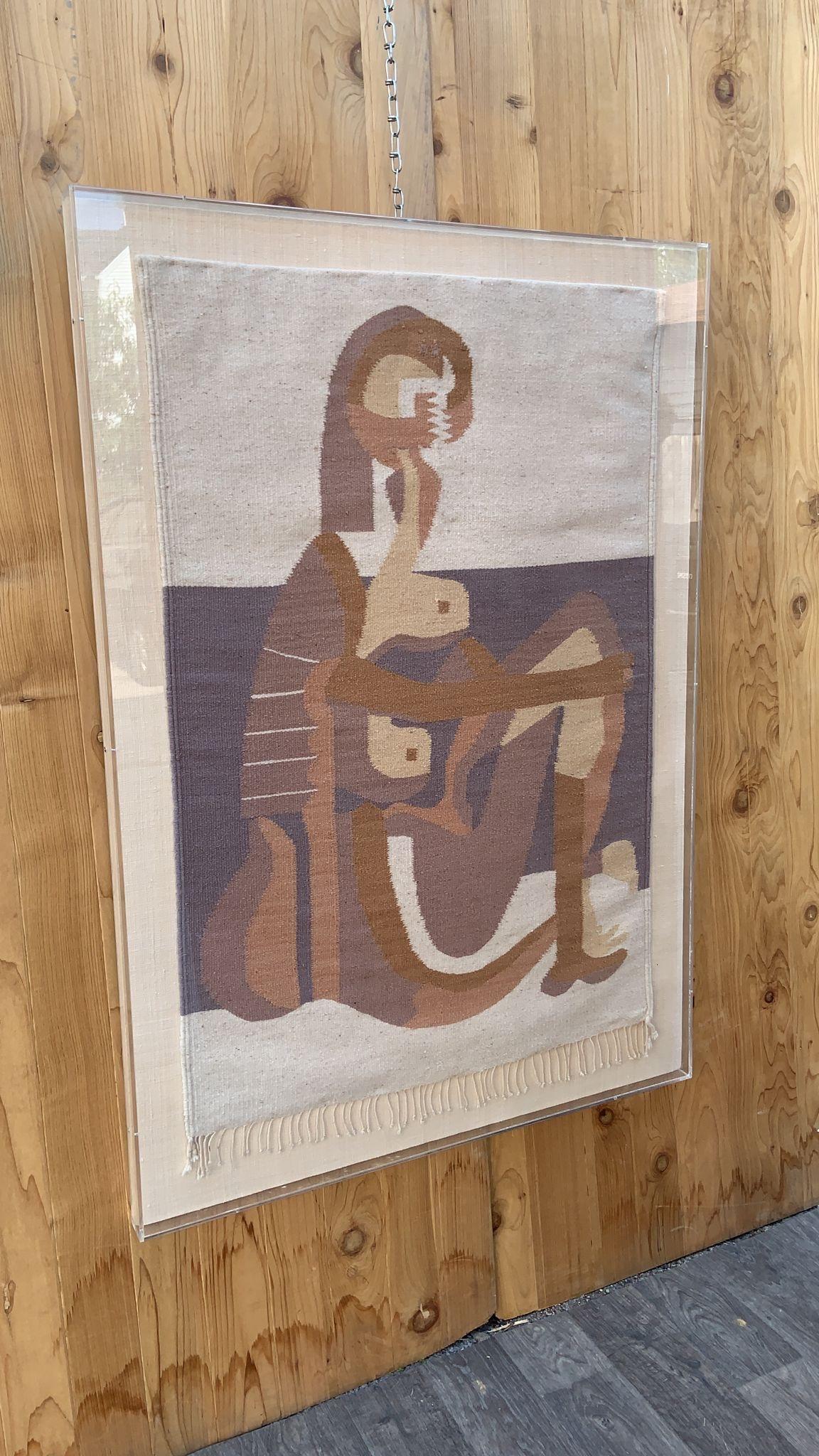 Vintage Boho Hand gewebt Picassos Seated Bather Wandbehang Wandteppich in Acryl im Zustand „Gut“ im Angebot in Chicago, IL