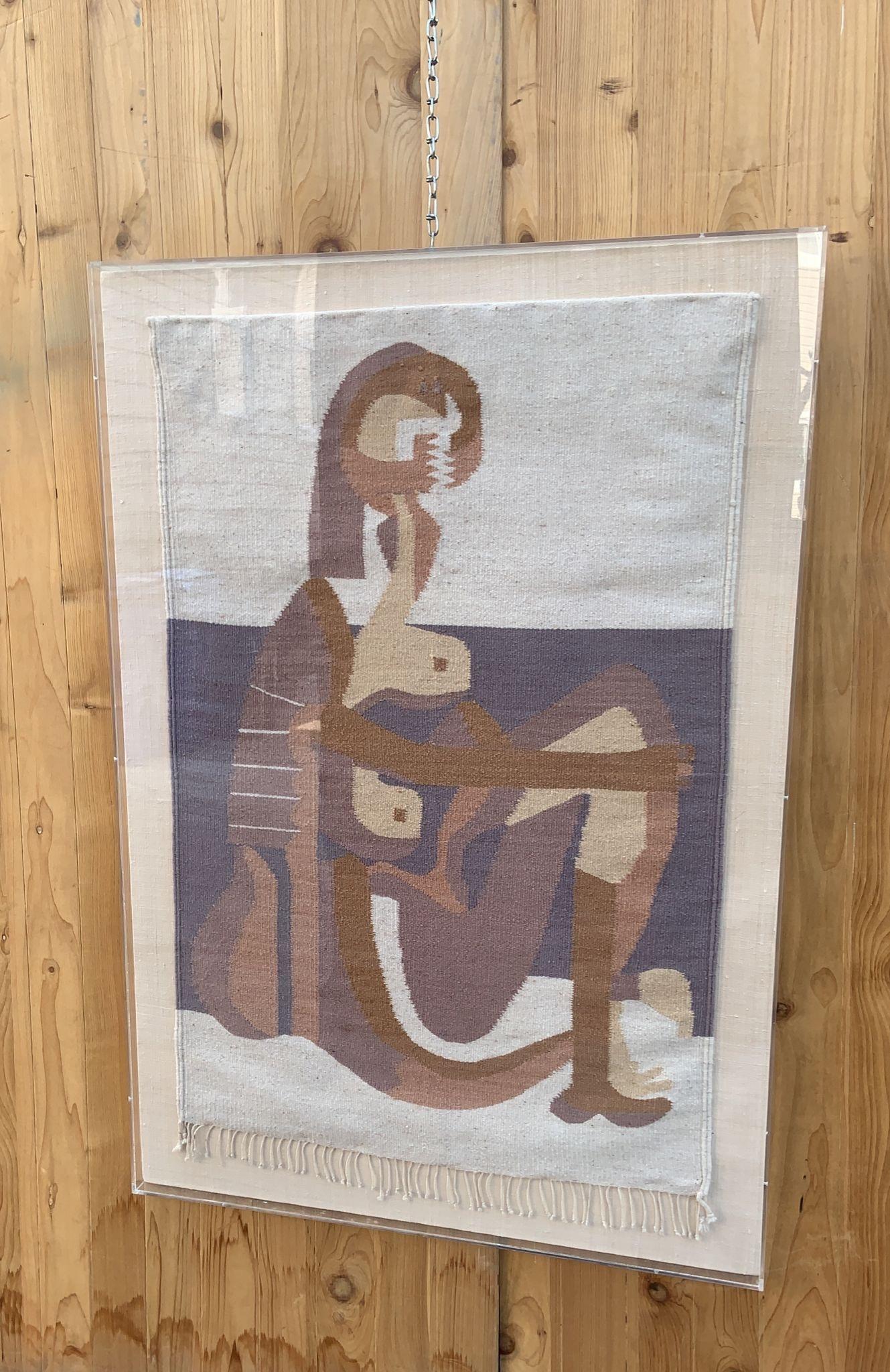 Hand-Woven Vintage Boho Hand Woven Picasso's Seated Bather Wall Hanging Tapestry in Acrylic For Sale