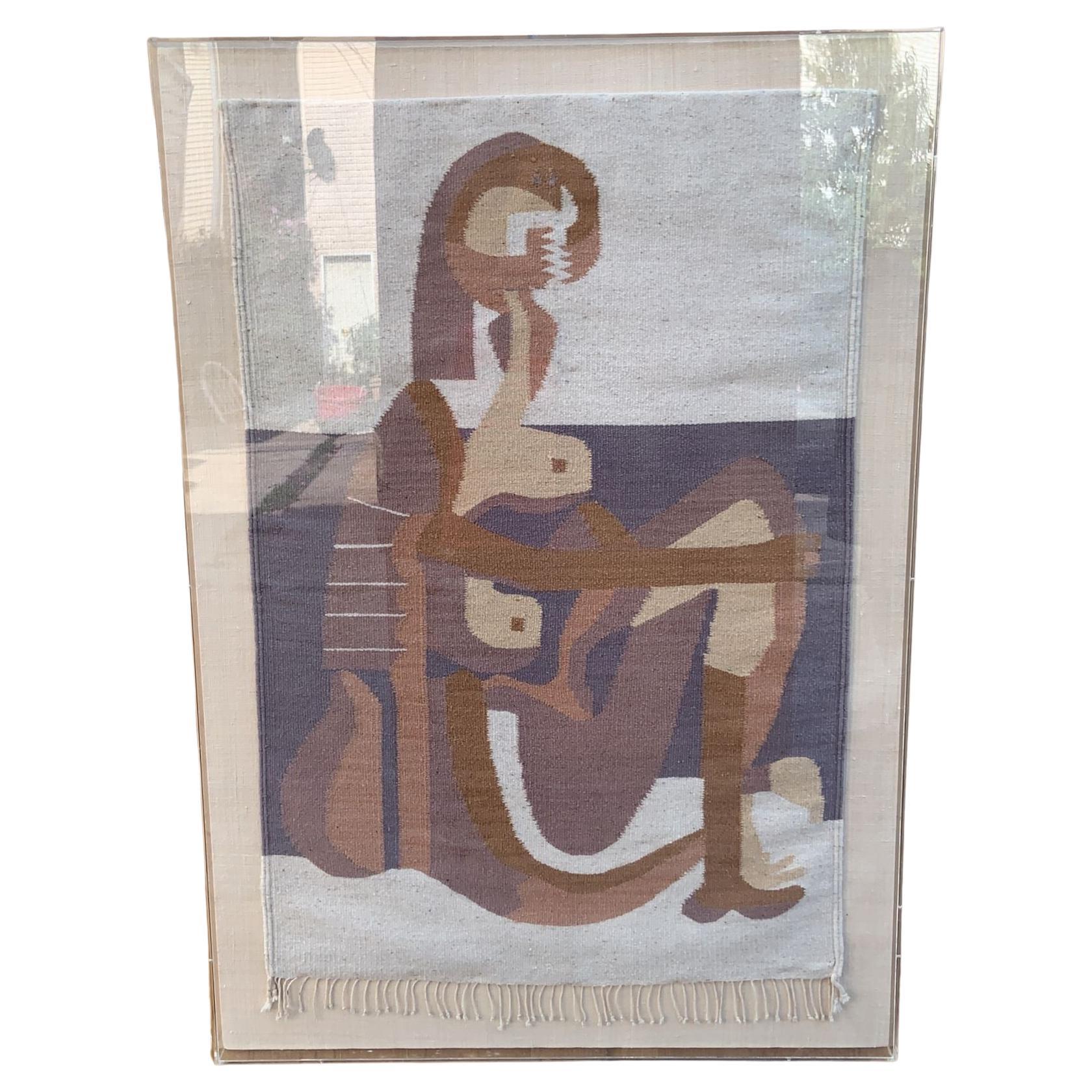 Vintage Boho Hand gewebt Picassos Seated Bather Wandbehang Wandteppich in Acryl im Angebot