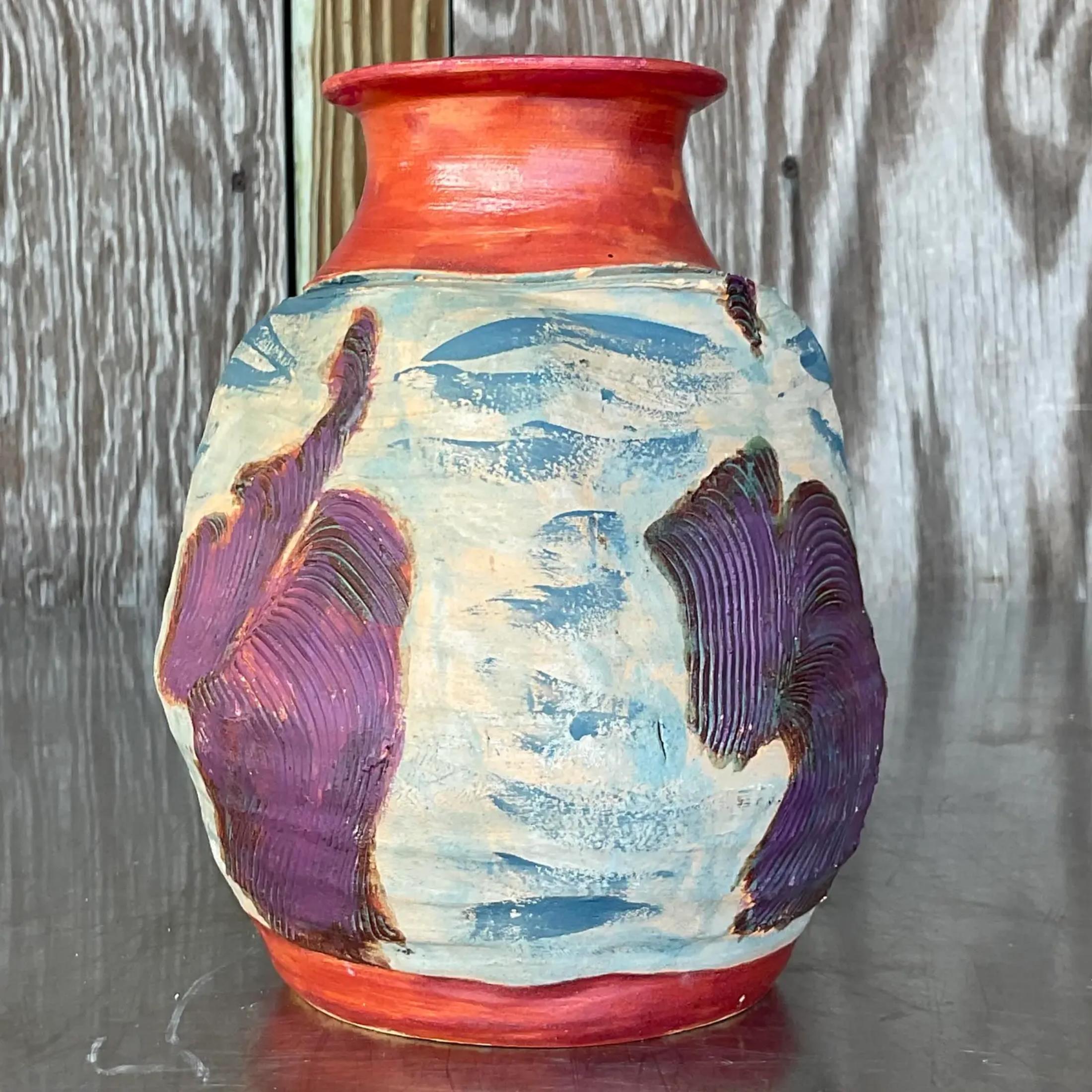 Bohemian Vintage Boho Handmade Studio Pottery Vase For Sale