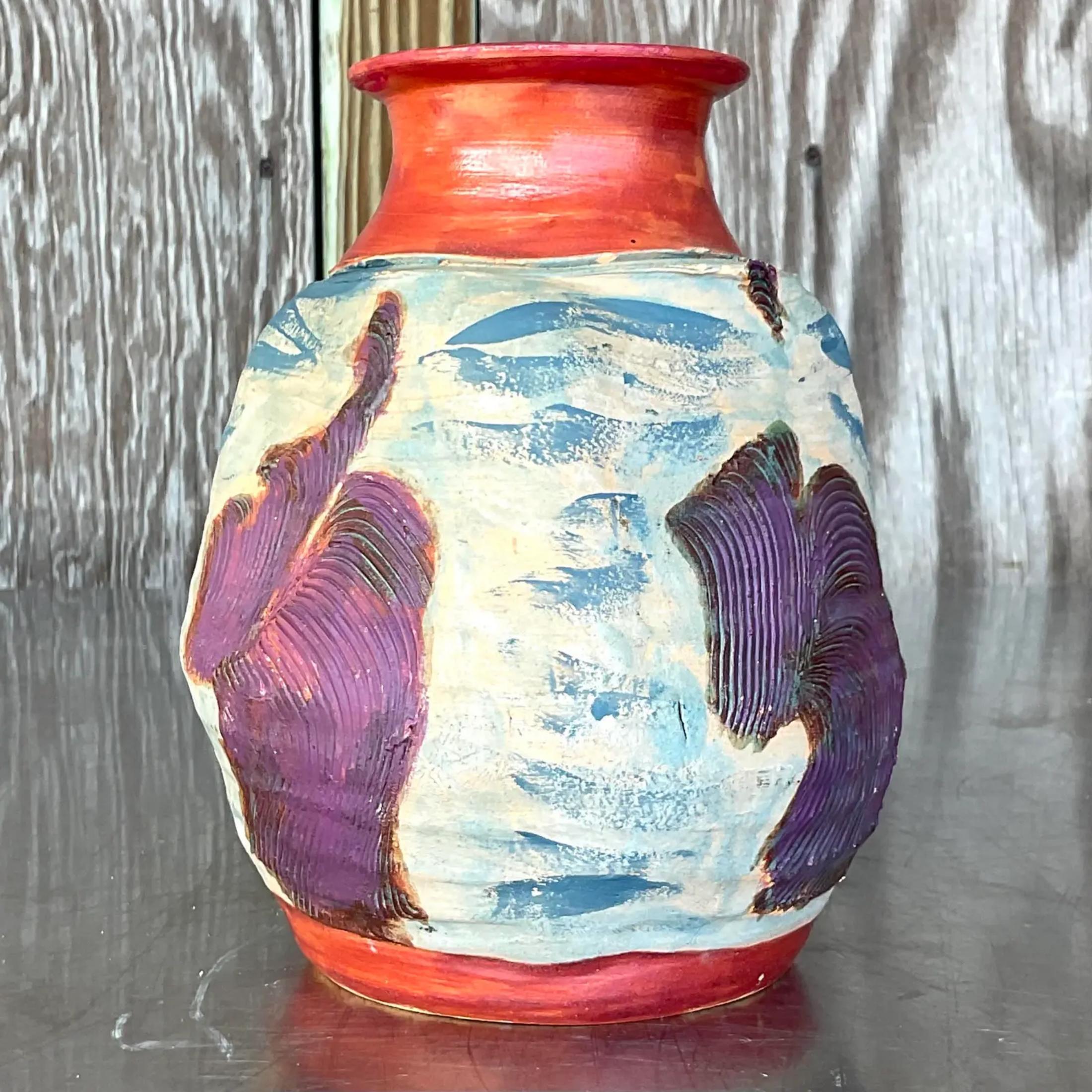 Vintage Boho Handmade Studio Pottery Vase In Good Condition For Sale In west palm beach, FL