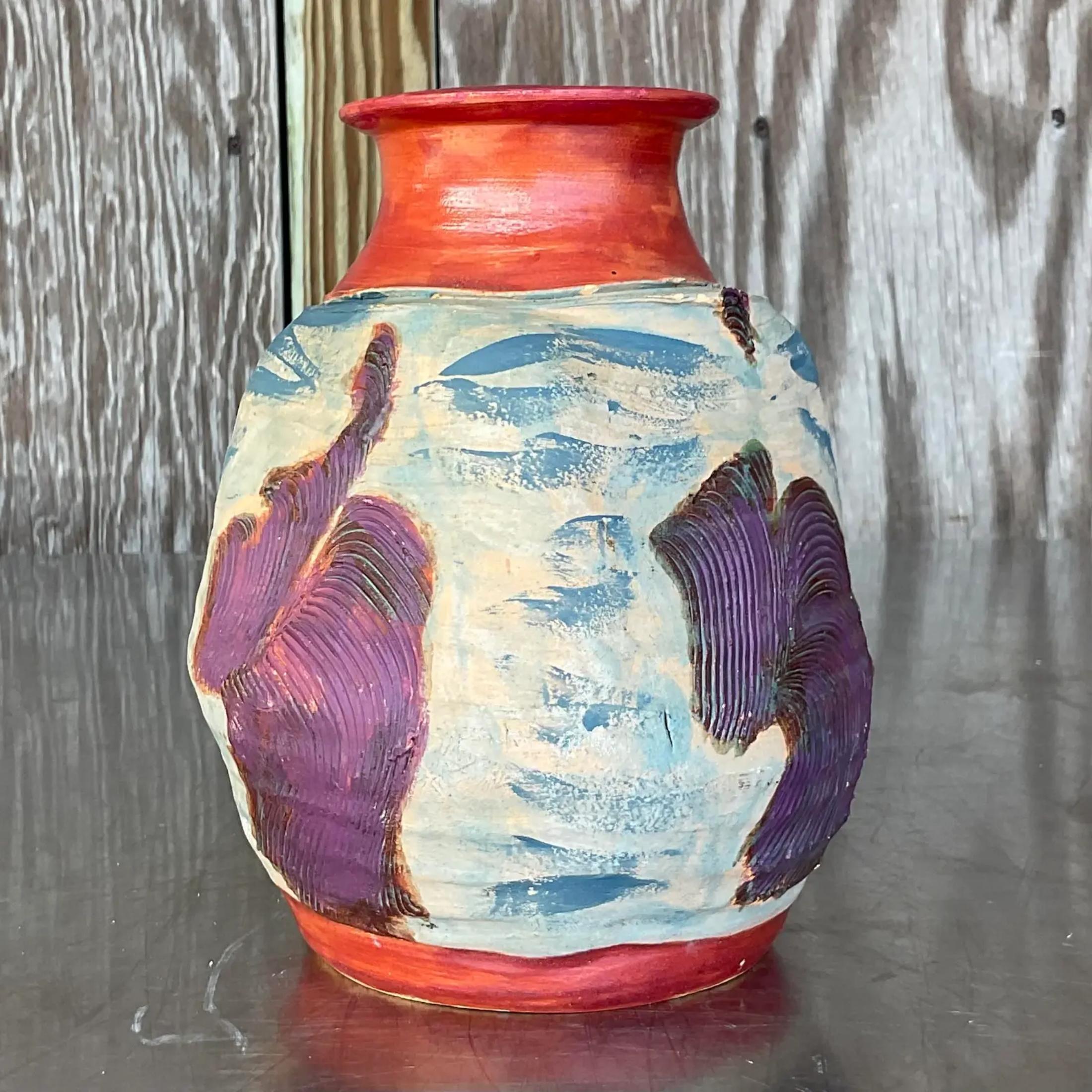 Vintage Boho Handmade Studio Pottery Vase For Sale 1