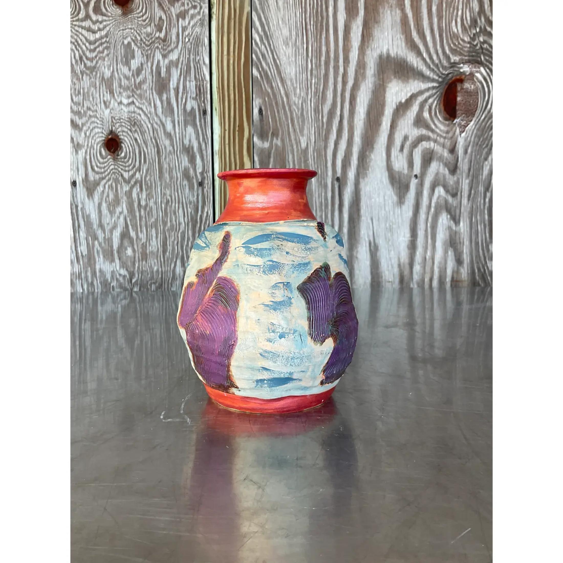 Vintage Boho Handmade Studio Pottery Vase For Sale 2