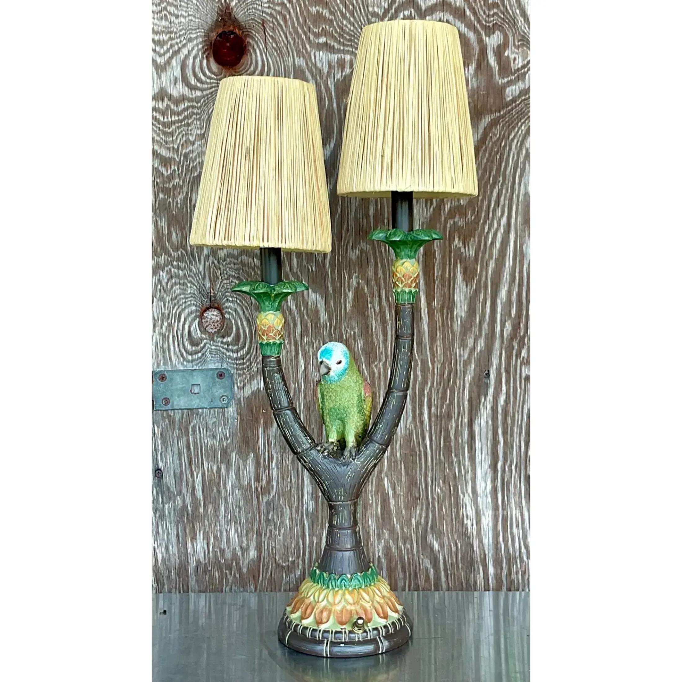 Bohemian Vintage Boho Happy Parakeet Lamp For Sale