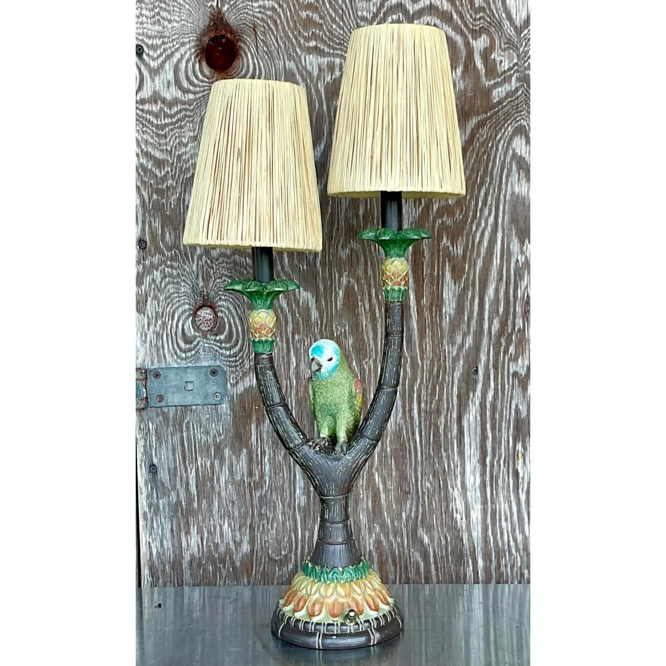 Vintage Boho Happy Parakeet Lamp In Good Condition For Sale In west palm beach, FL
