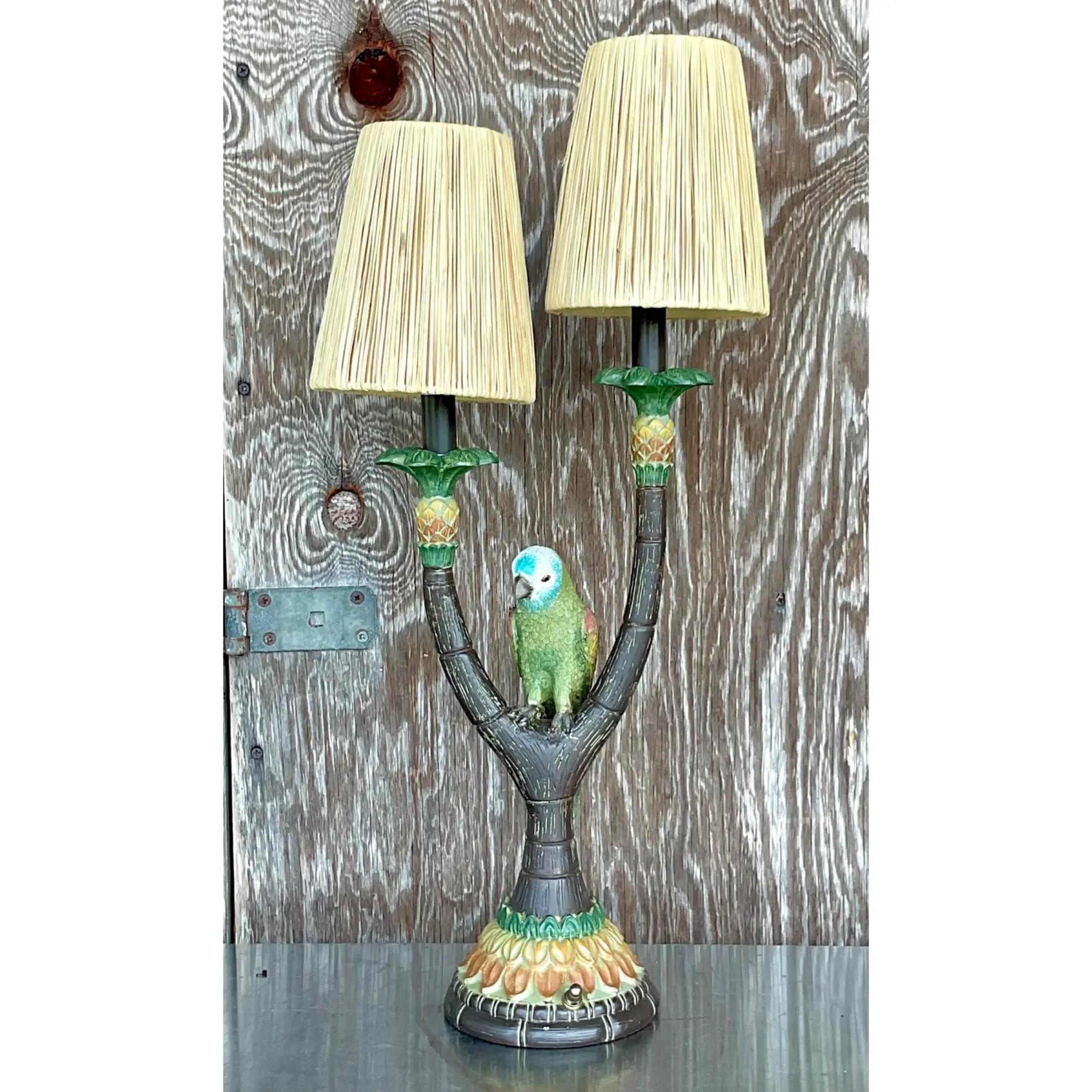 Raffia Vintage Boho Happy Parakeet Lamp For Sale