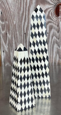 Vintage Boho Harlequin Tessellated Stone Obelisks - Set of Two