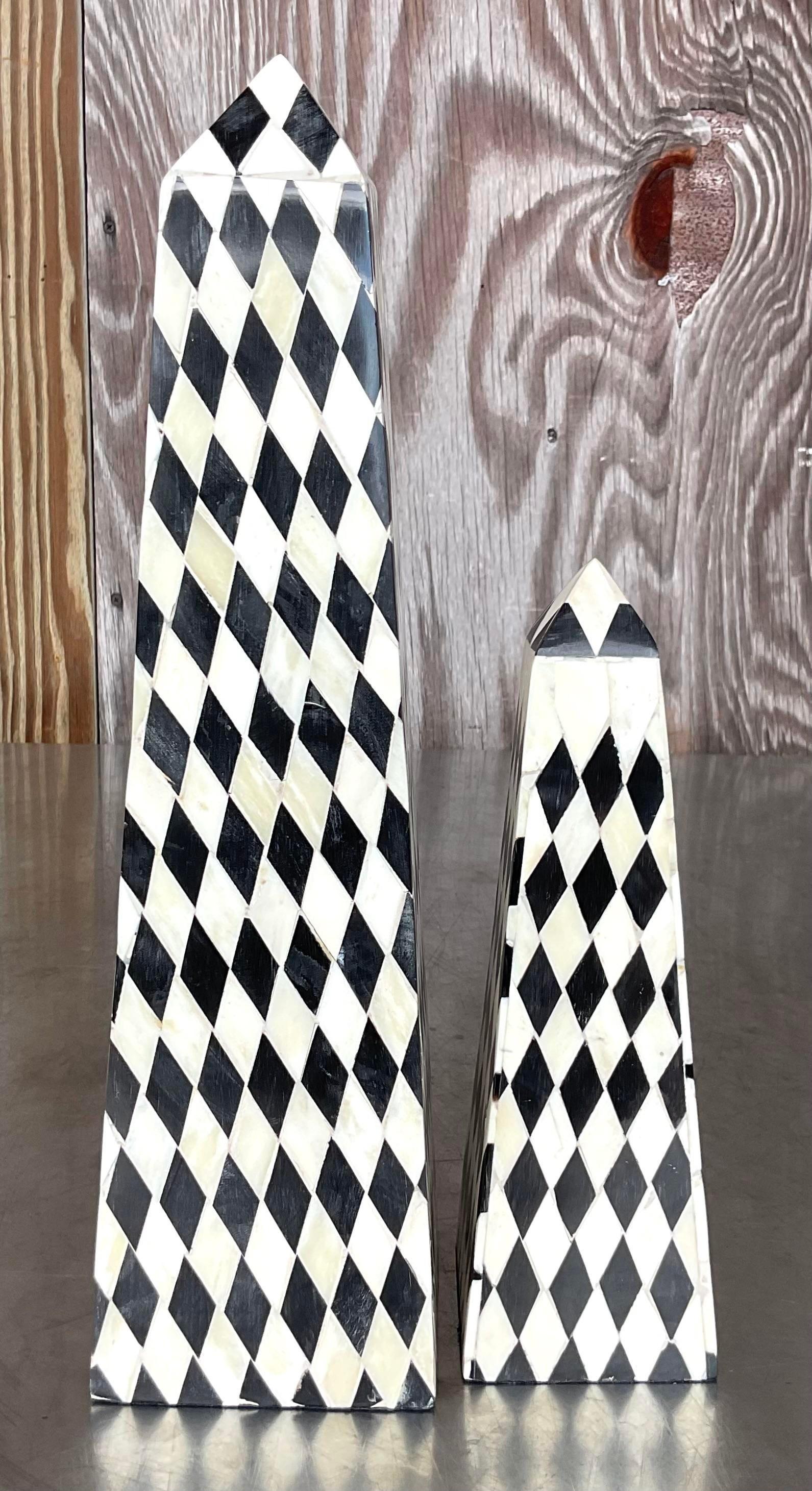Vintage Boho Harlequin Tessellated Stone Obelisks - Set of Two In Good Condition For Sale In west palm beach, FL