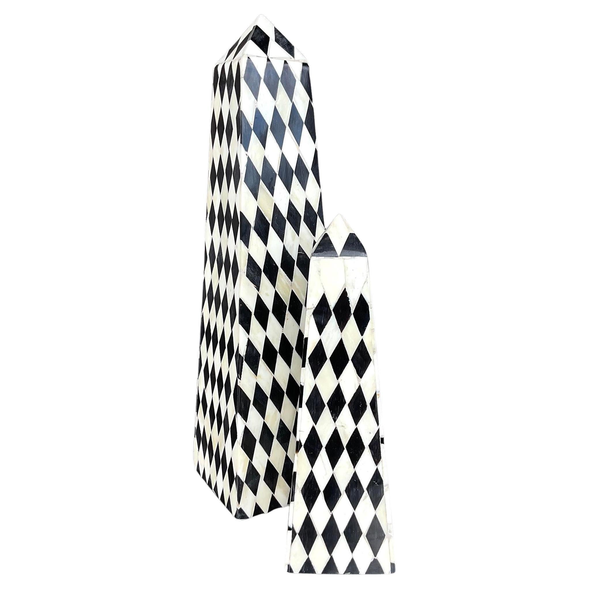 Vintage Boho Harlequin Tessellated Stone Obelisks - Set of Two For Sale