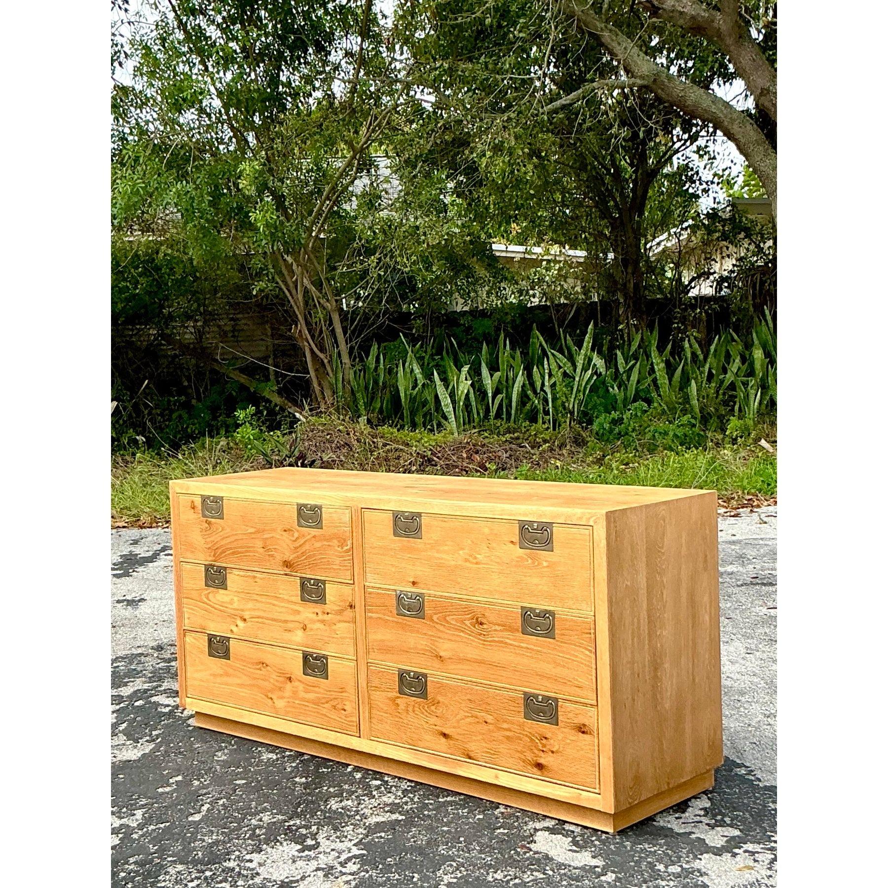 Brass Vintage Boho Henredon Bel Aire Washed Wood Dresser For Sale