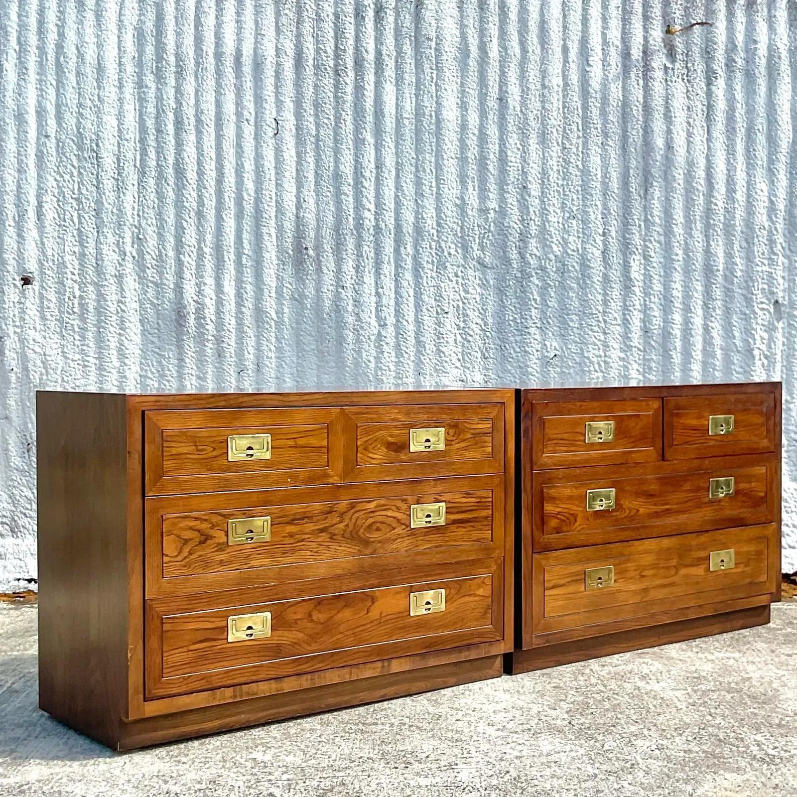 Brass Vintage Boho Henredon Campaign Nightstands, a Pair