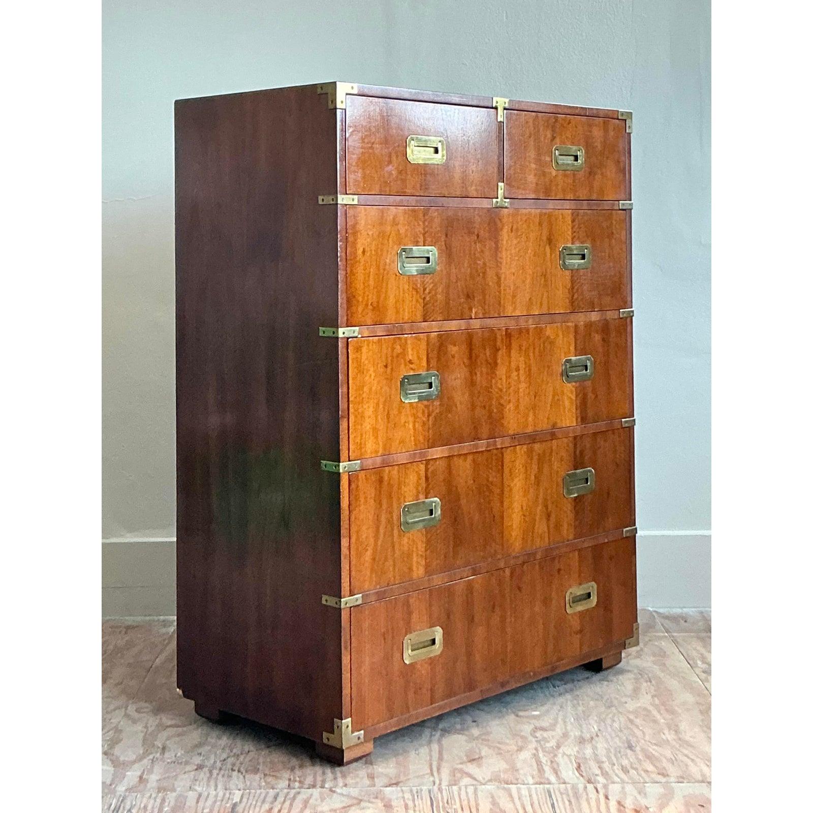 Vintage Boho Henredon Campaign Tall Chest of Drawers In Good Condition In West Palm Beach, FL