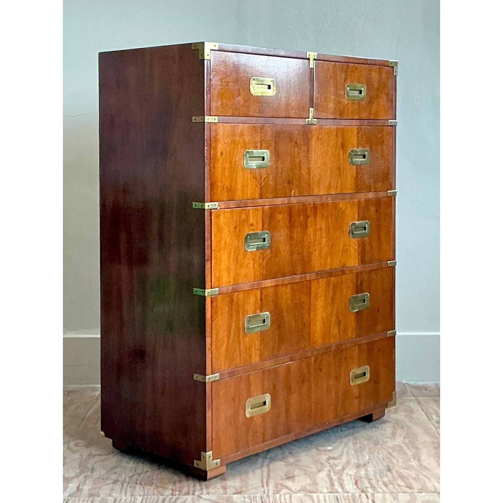 20th Century Vintage Boho Henredon Campaign Tall Chest of Drawers