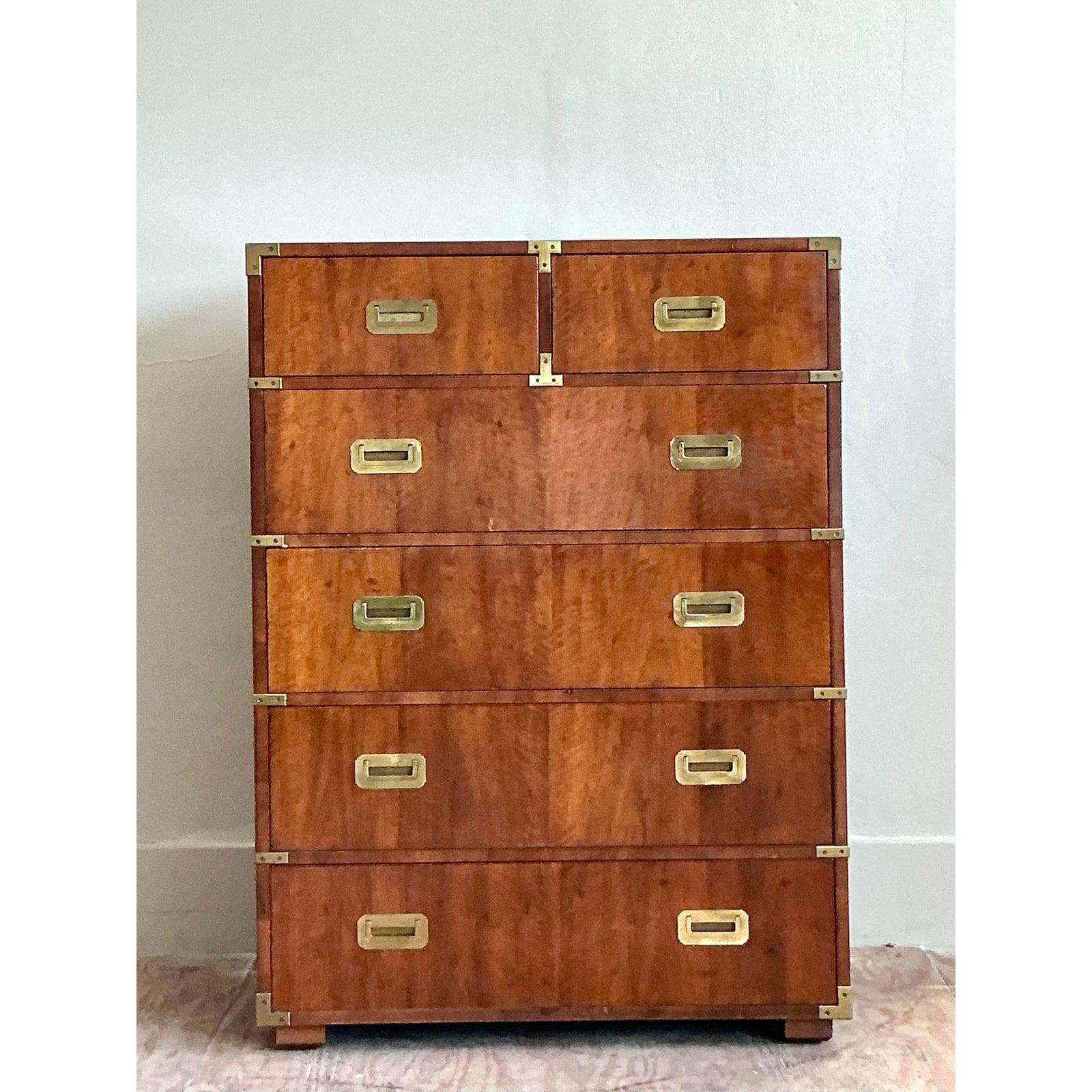 Brass Vintage Boho Henredon Campaign Tall Chest of Drawers