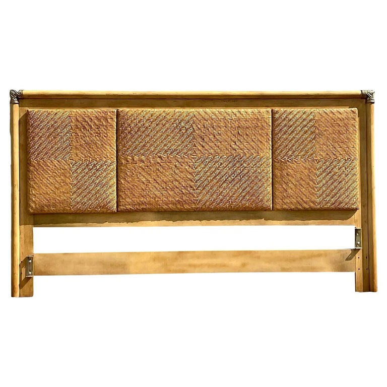 Vintage Boho Henredon Circa East Woven Leather King Headboard For Sale