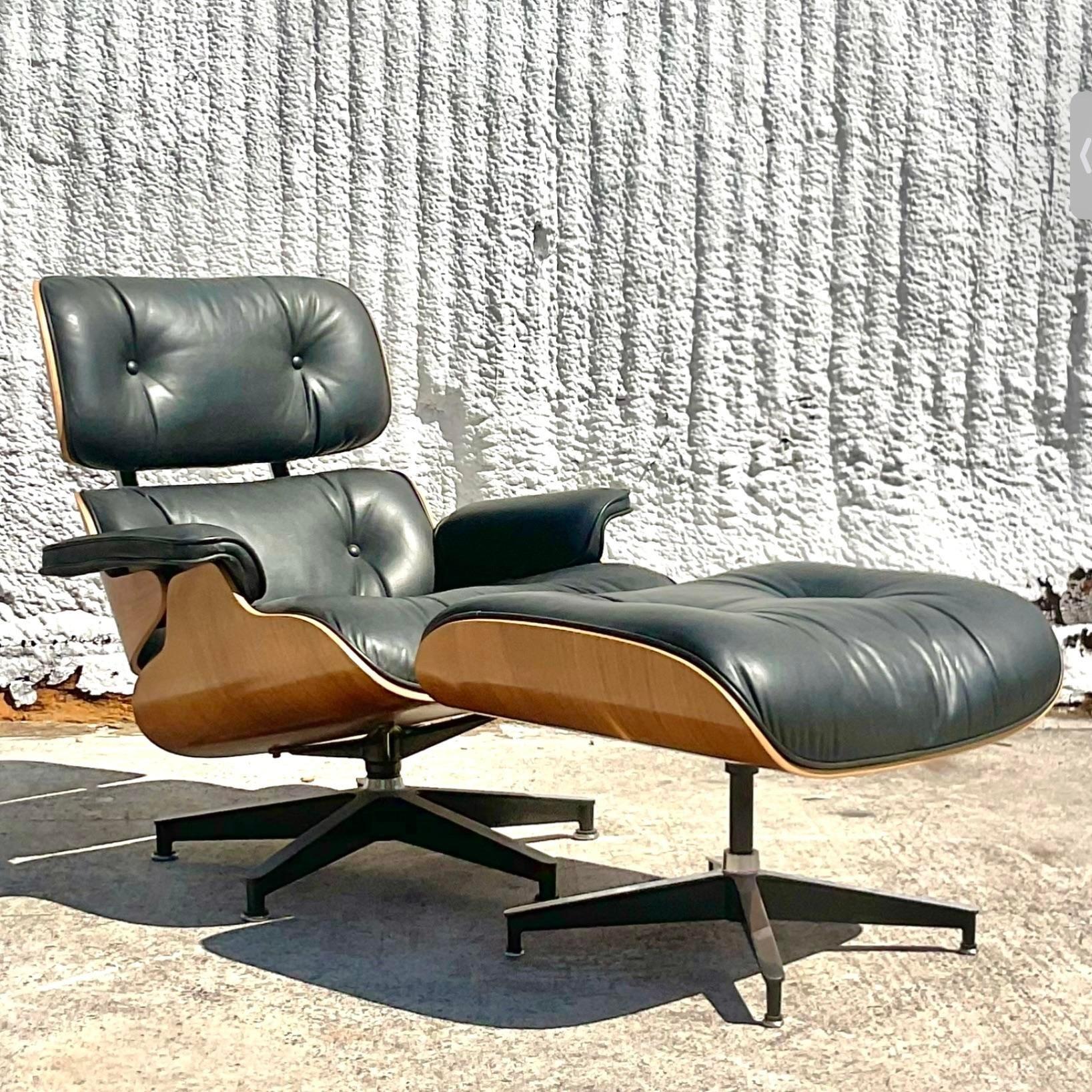 An exceptional vintage boho reclining chair and ottoman. The iconic eames chair by Herman Miller. Beautiful black leather with bentwood frame. Tagged on the bottom of the chair and ottoman. Acquired from a Palm Beach estate.