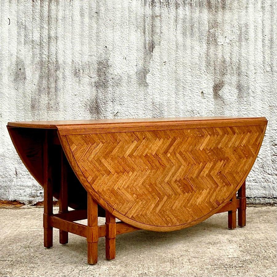 20th Century Vintage Boho Herringbone Drop Leaf Dining Table