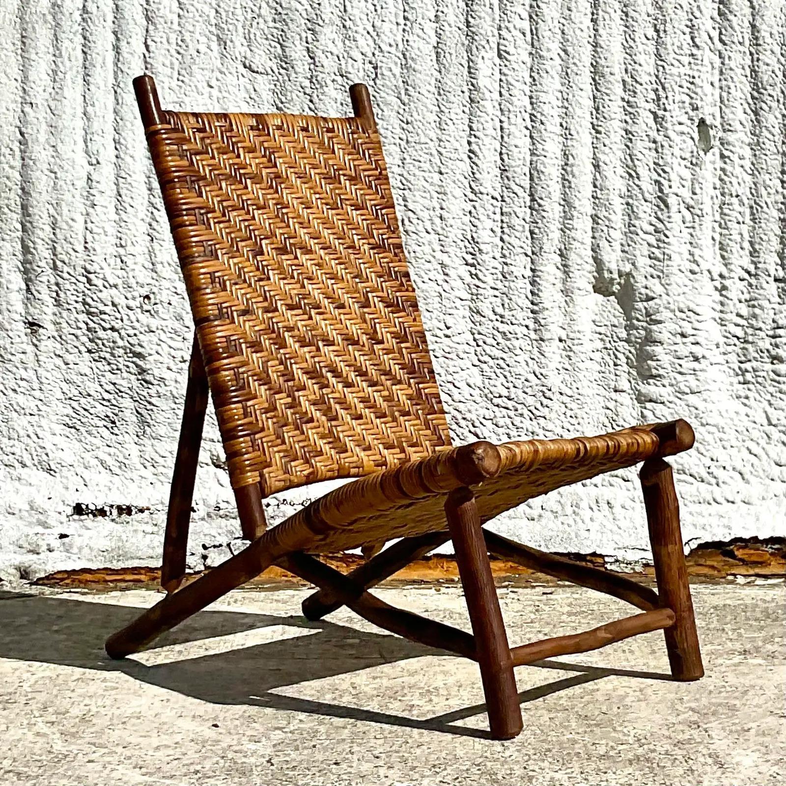 North American Vintage Boho Hickory Branch Woven Rattan Sling Chair