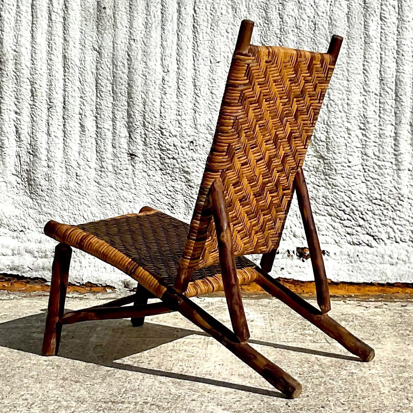 Vintage Boho Hickory Branch Woven Rattan Sling Chair In Good Condition In West Palm Beach, FL