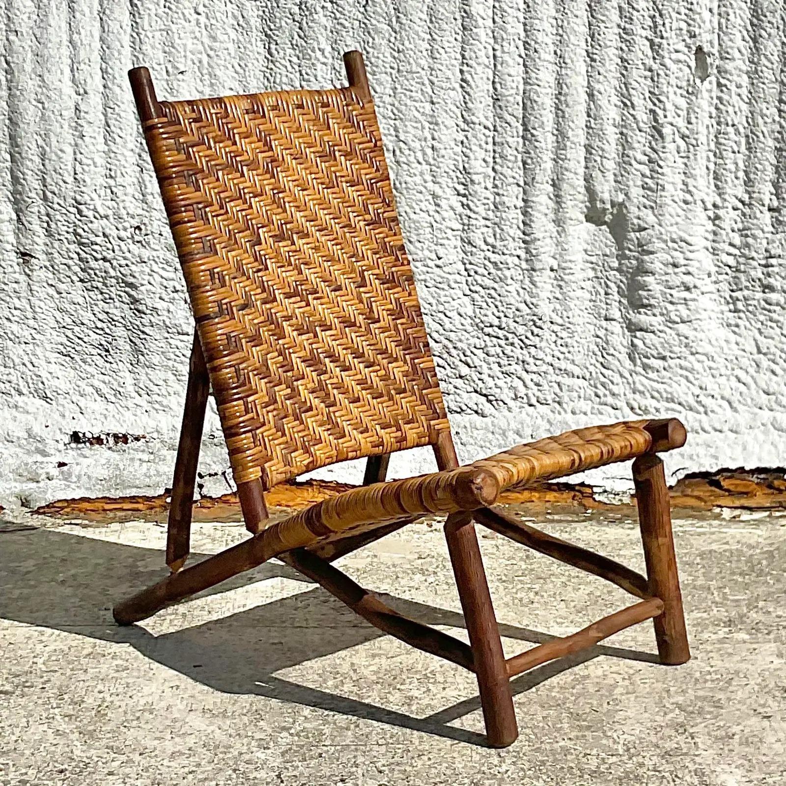 Vintage Boho Hickory Branch Woven Rattan Sling Chair
