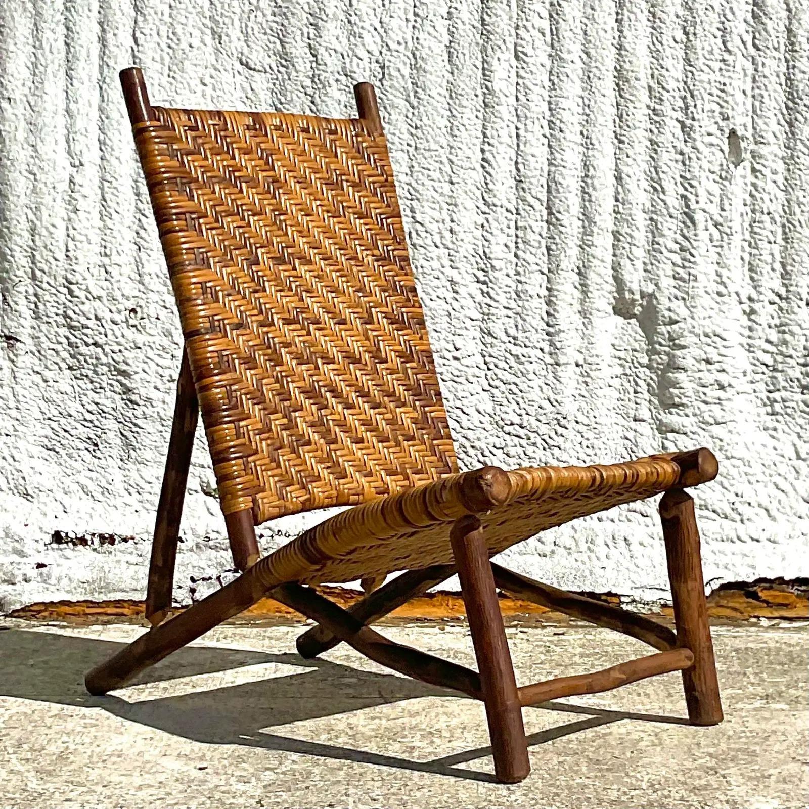 Vintage Boho Hickory Branch Woven Rattan Sling Chair 1
