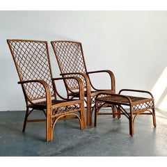 Vintage Boho High Back Trellis Rattan Lounge Chairs - A Pair