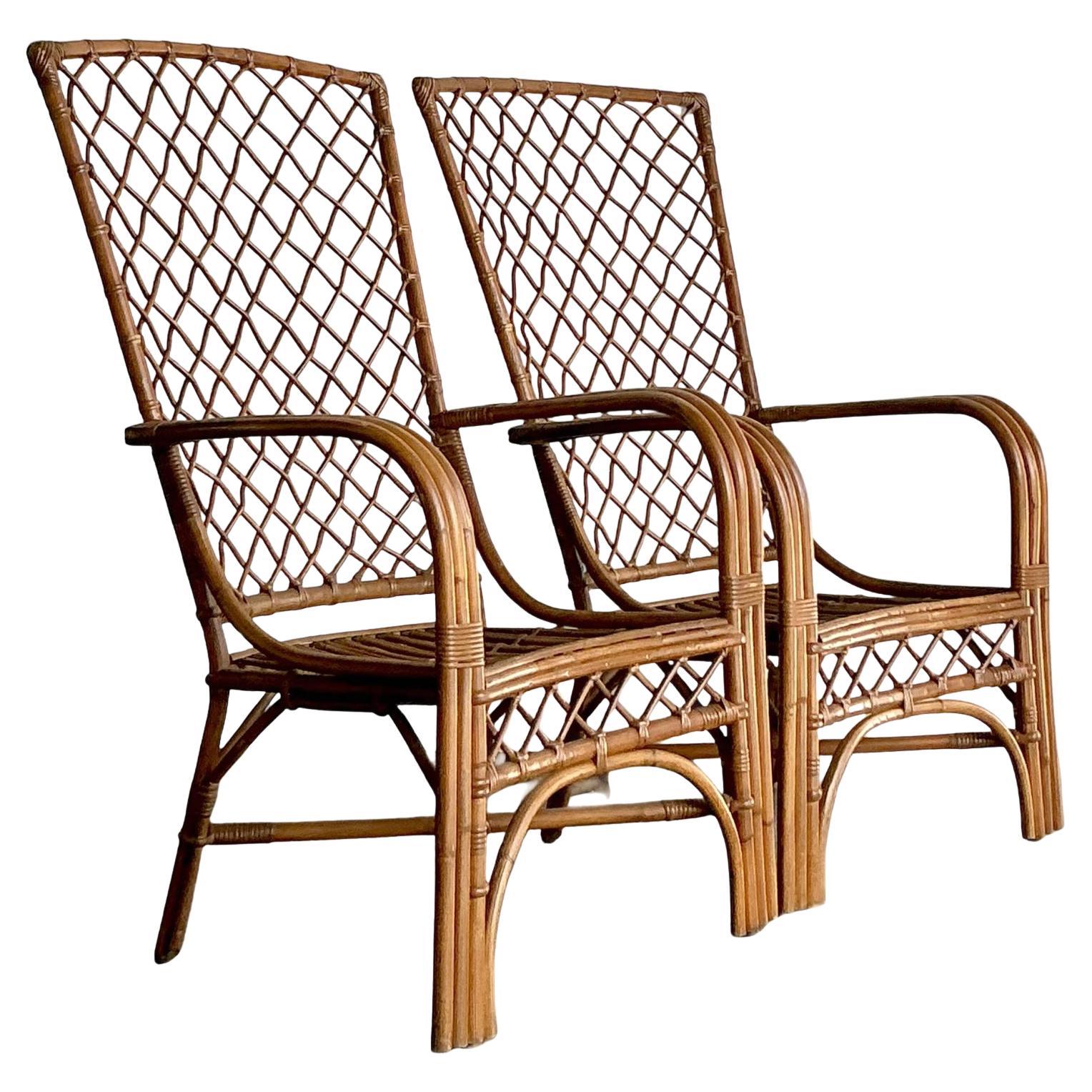 Vintage Boho High Back Trellis Rattan Lounge Chairs - A Pair For Sale