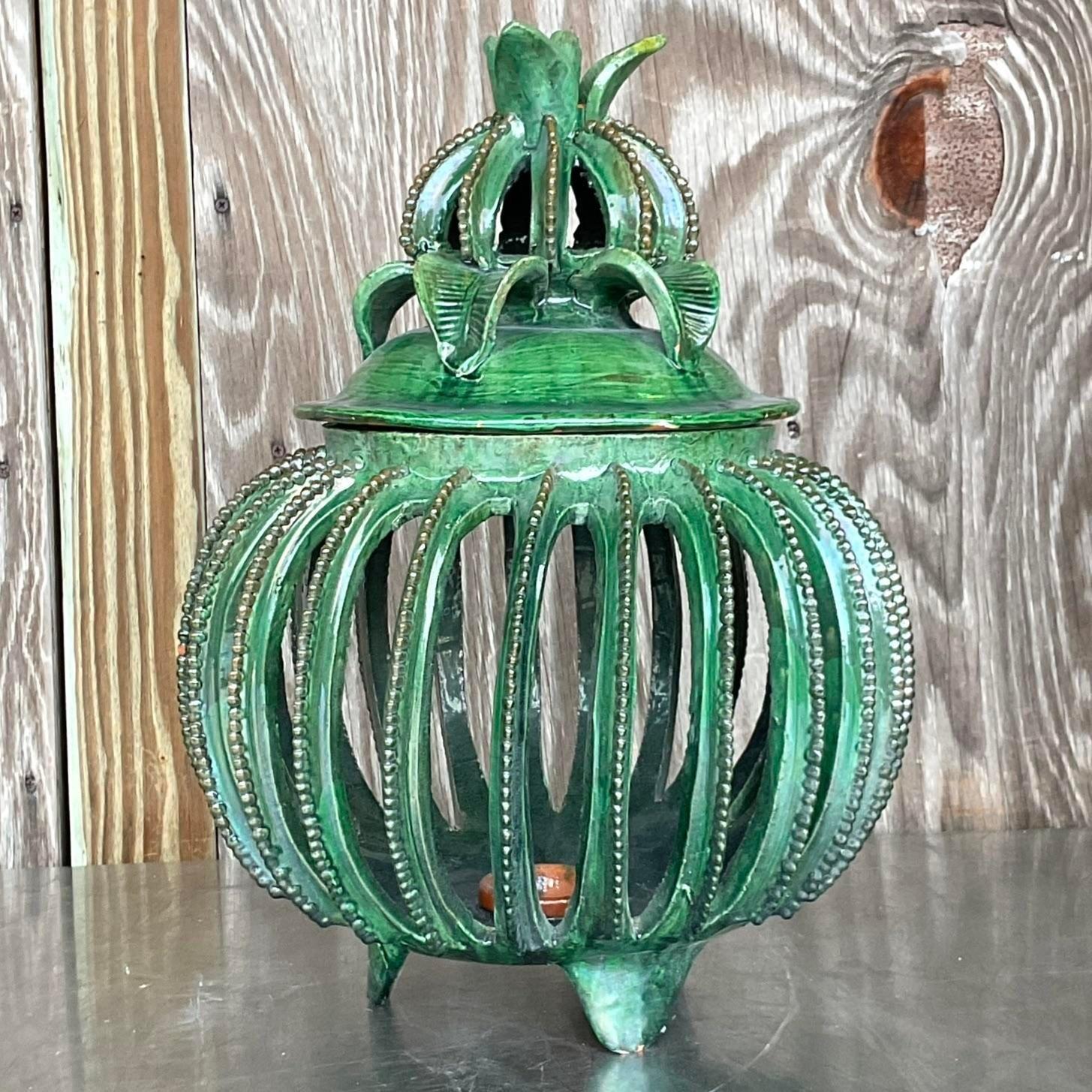  stunning vintage boho pineapple. Made by the iconic Mexican ceramicist Hilario Alejo Madrigal. A brilliant green glazed ceramic shape. Acquired from a Palm Beach estate.