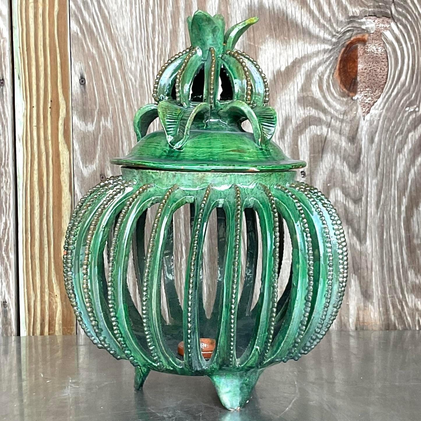 Vintage Boho Hilario Alejo Madrigal Glazed Ceramic Pineapple In Good Condition For Sale In west palm beach, FL