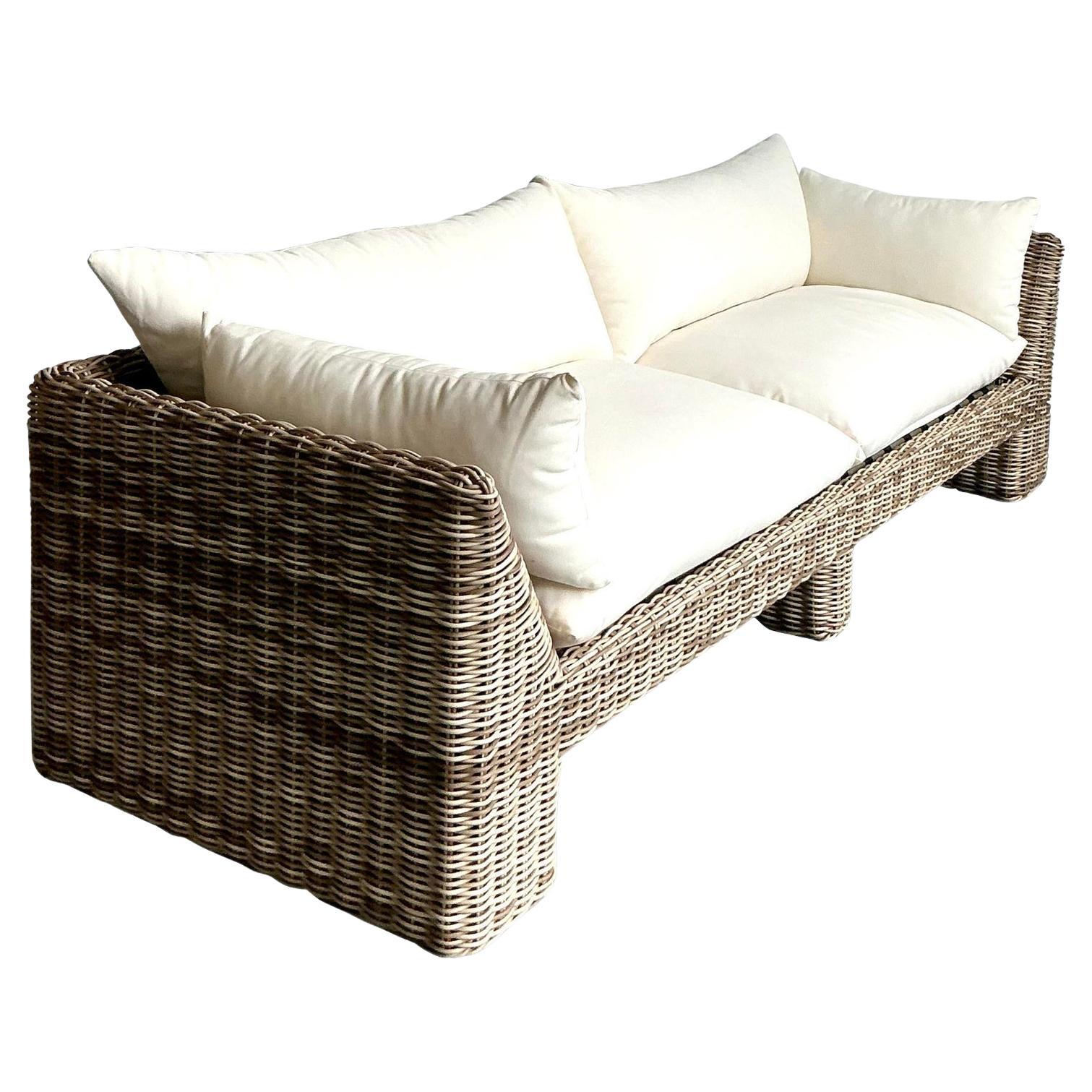 Vintage Boho Holt Woven Resin Rattan Outdoor Sofa For Sale