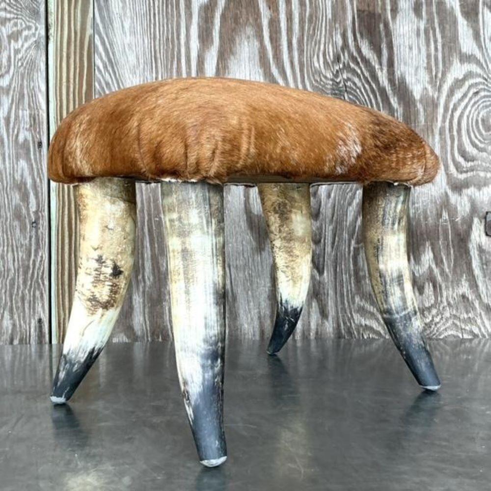 Elevate your space with the unique allure of this Vintage Boho Horn Low Stool. Crafted from natural horn, this low stool features an organic shape and rich textures that bring an earthy, bohemian feel to your home. Perfect as a casual seating option