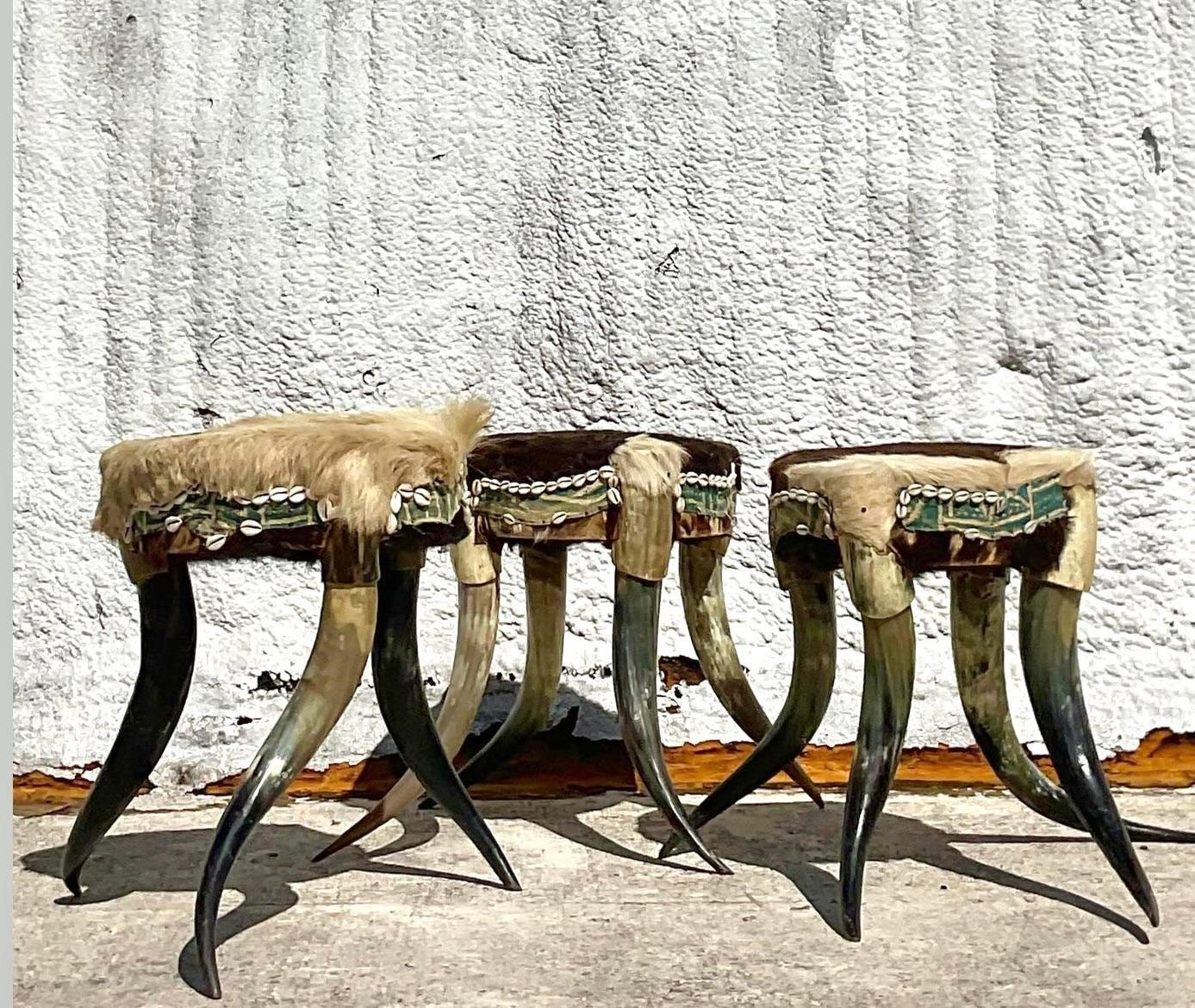 American Vintage Boho Horn Stools - Set of 3 For Sale