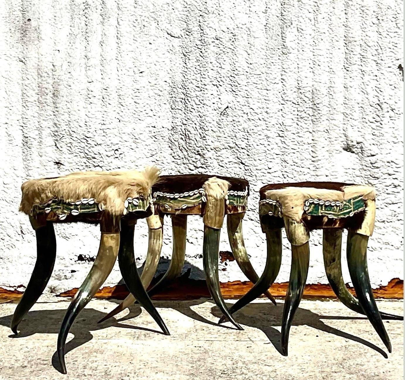 Vintage Boho Horn Stools - Set of 3 In Good Condition For Sale In west palm beach, FL