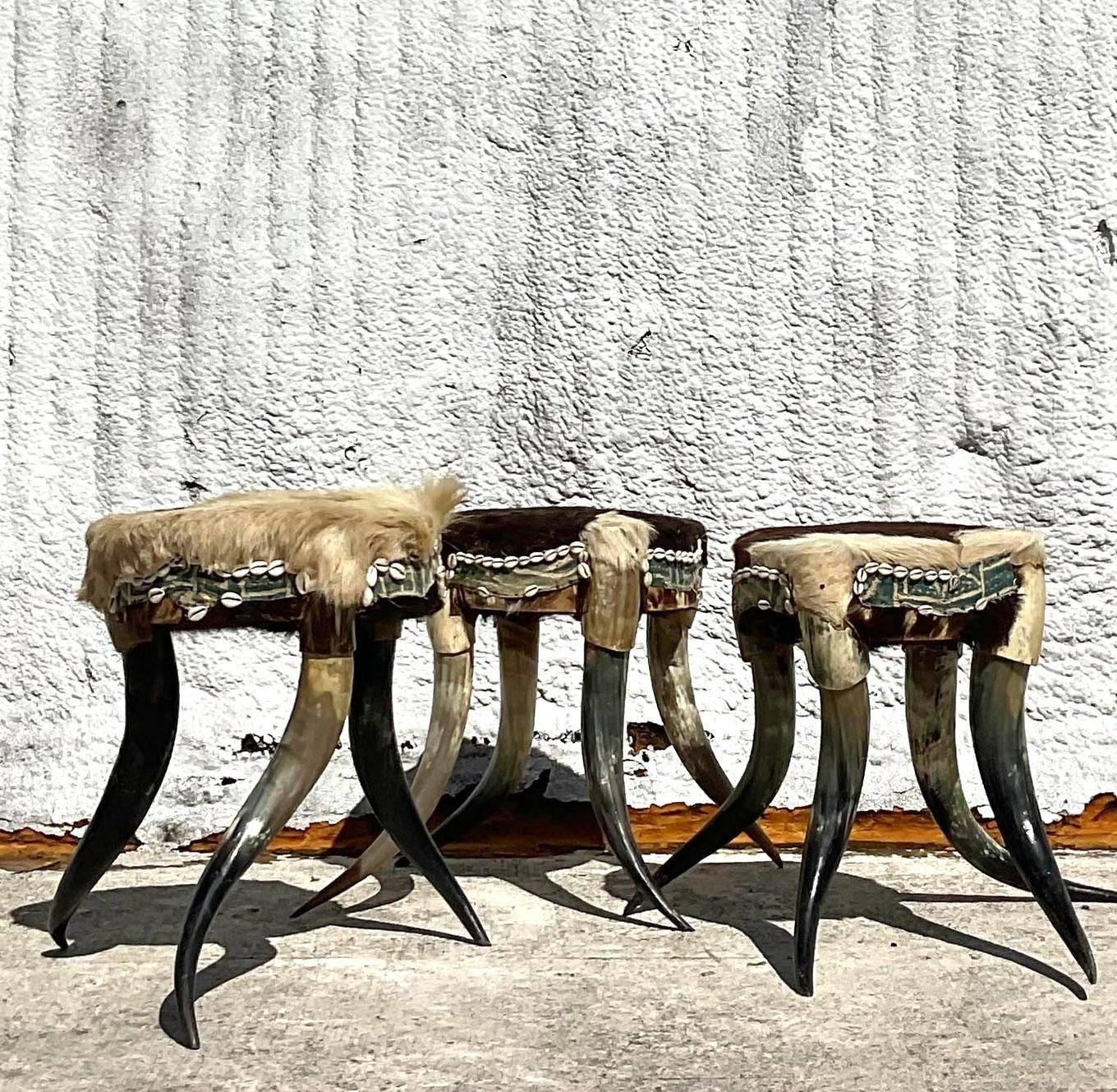 20th Century Vintage Boho Horn Stools - Set of 3 For Sale