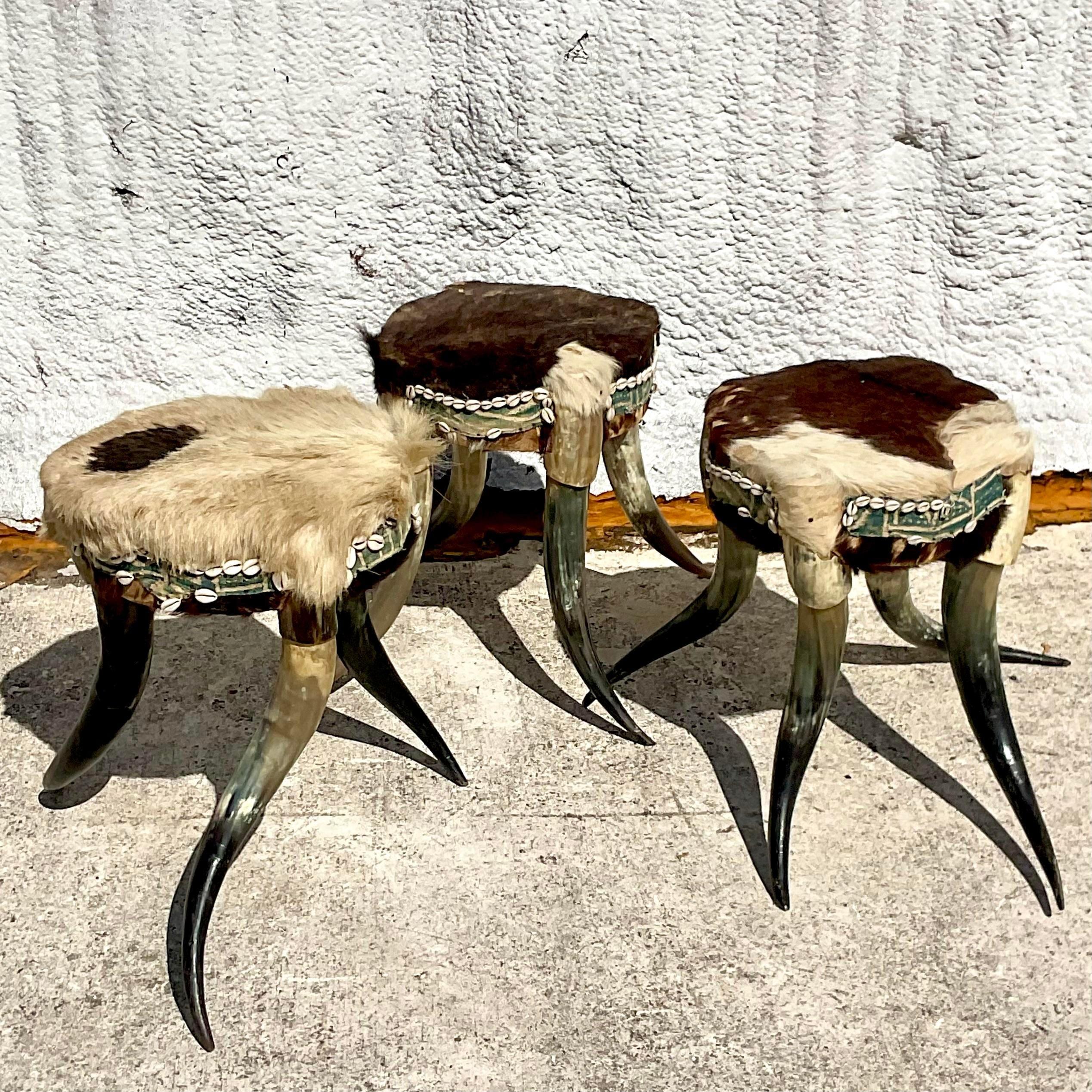 Vintage Boho Horn Stools - Set of 3 For Sale 1