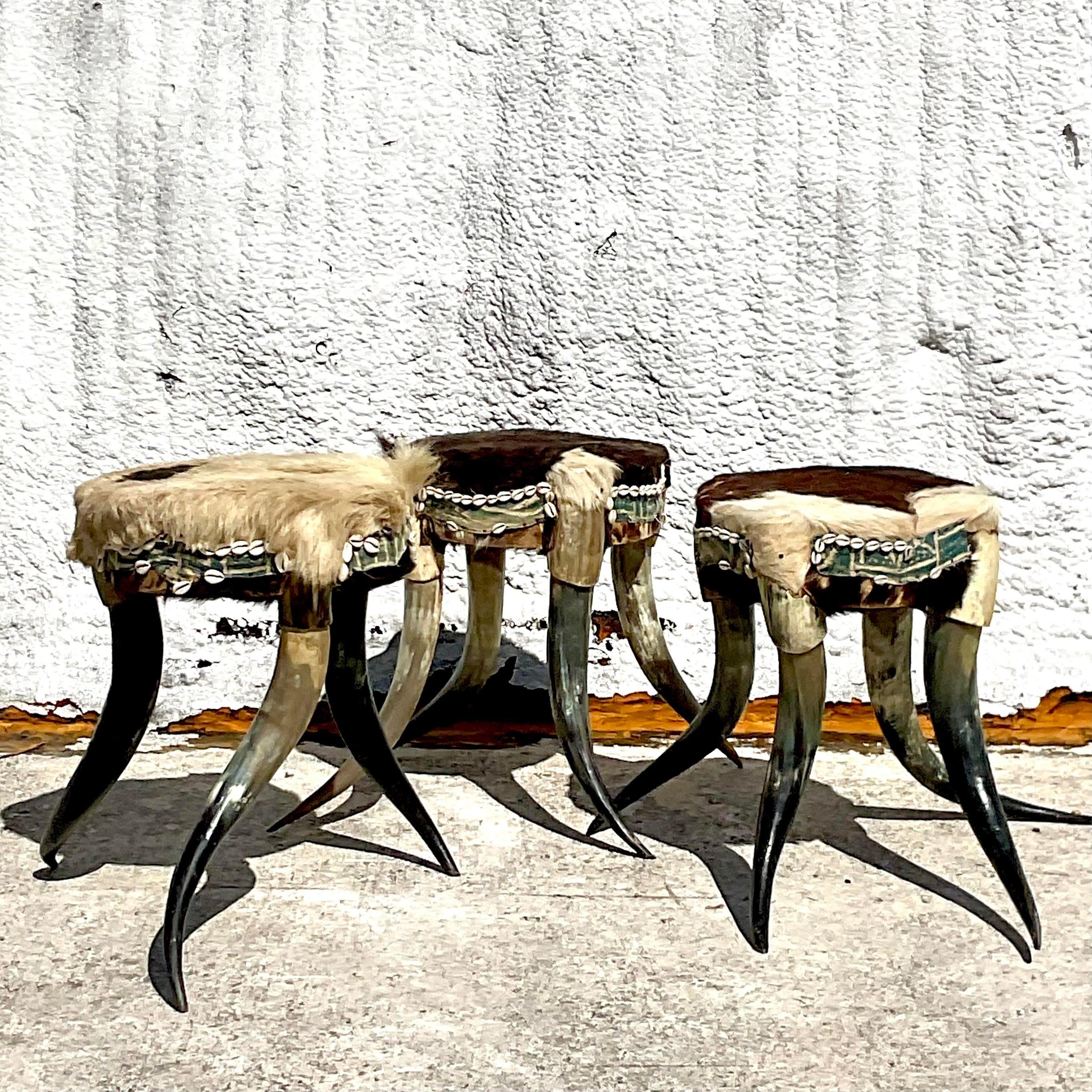 Vintage Boho Horn Stools - Set of 3 For Sale 3