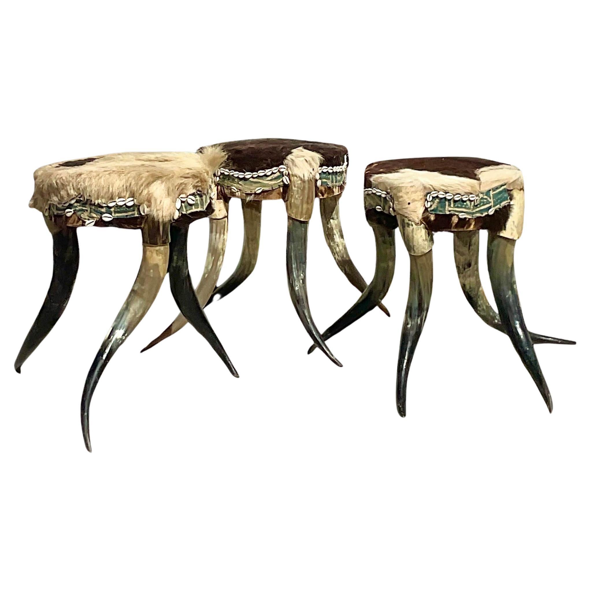 Vintage Boho Horn Stools - Set of 3 For Sale
